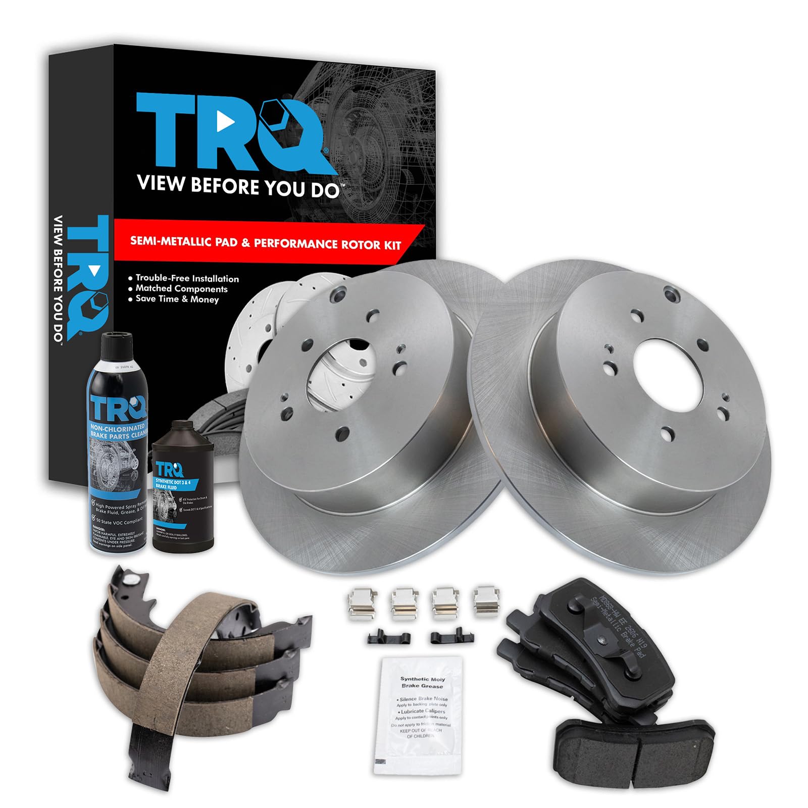 TRQ Rear Brake Pad &amp; Rotor Kit, with Chemical Kit Parking Brake Shoe Set Semi-Metallic Compatible with 2010-2011 Mitsubishi Endeavor