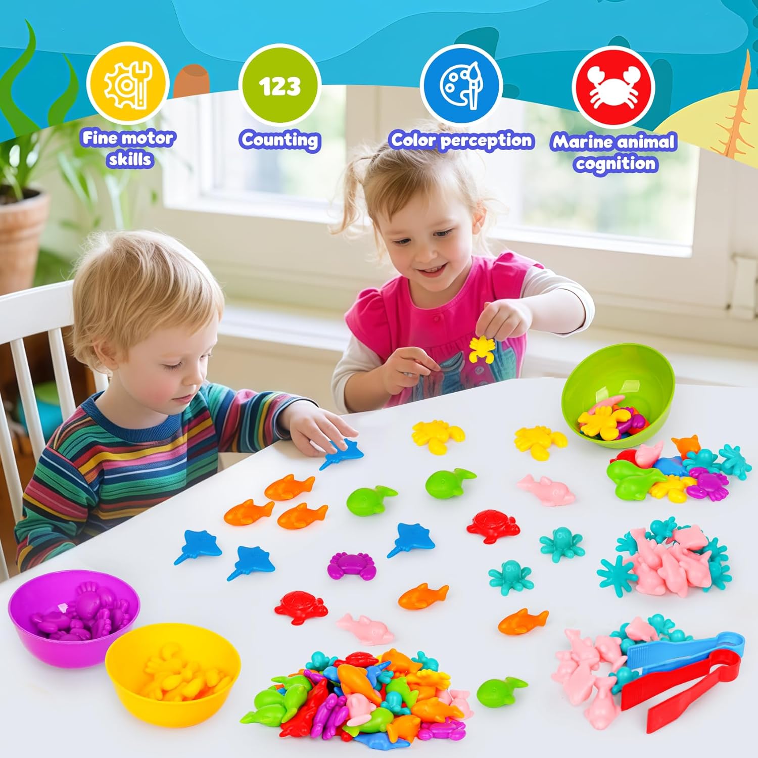 Sorting Colors Sea Animals Counting Toys with Matching Sorting Cups and Game Dices, Color Classification and Sensory Training Preschool Educational Learning Toys for Toddlers Kids Girls Boys Ages 3+ - Image 7
