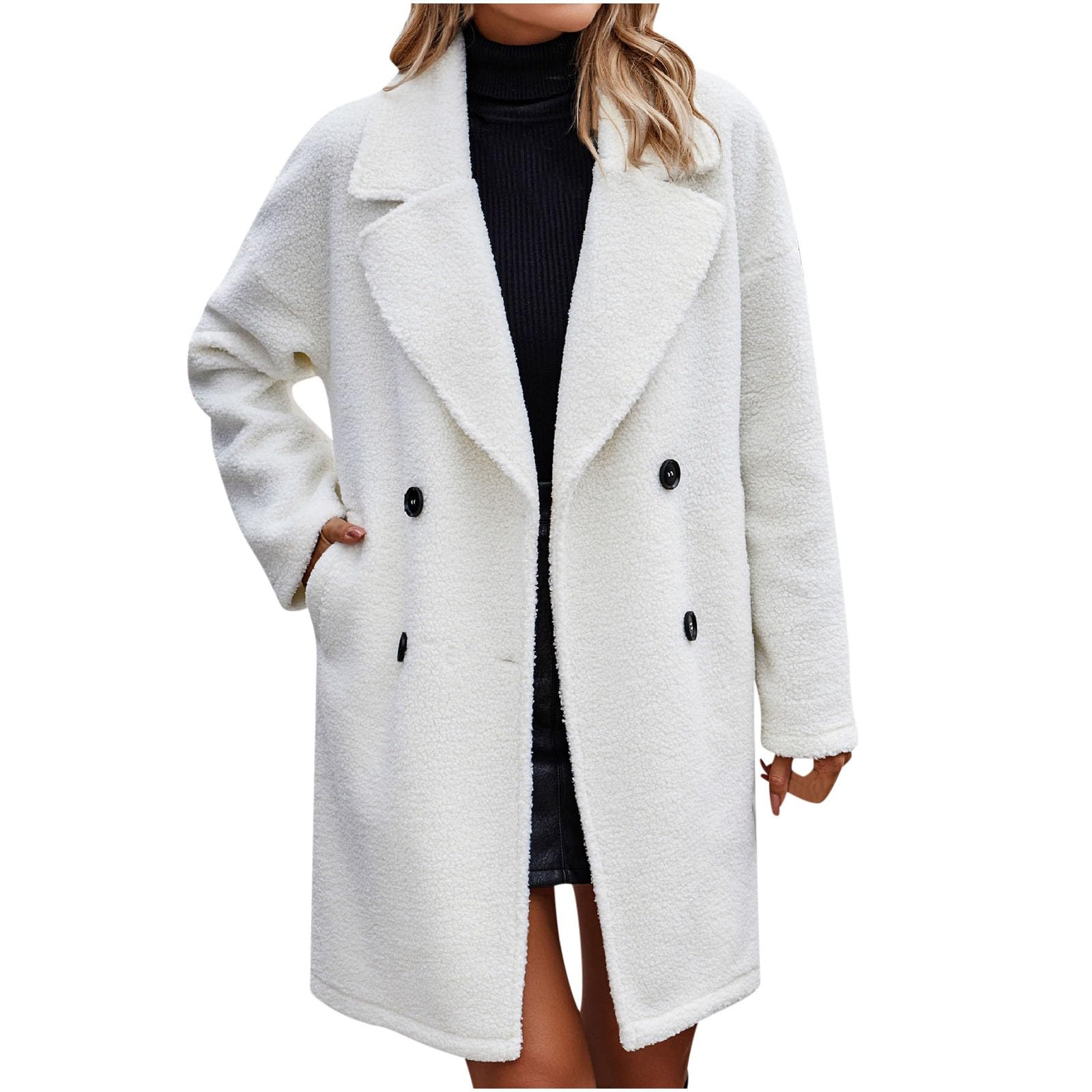 Gabardina de invierno para mujer, chaqueta de manga larga con solapa de piel sintética para mujer, chaqueta de forro polar mullido, abrigo de guisante de doble botonadura, trajes de otoño, cárdigan de