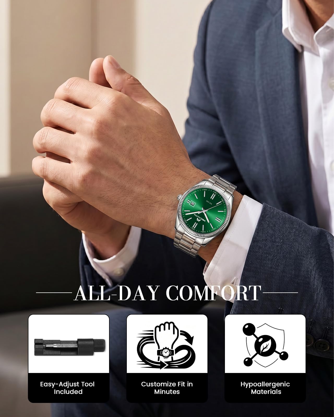 MEGALITH Montre Homme Affaires Analogique: Acier Etanche Montres avec Aiguilles Lumineuses Date - Cadeau Anniversaire pour Travail Business Hommes Design Intemporel