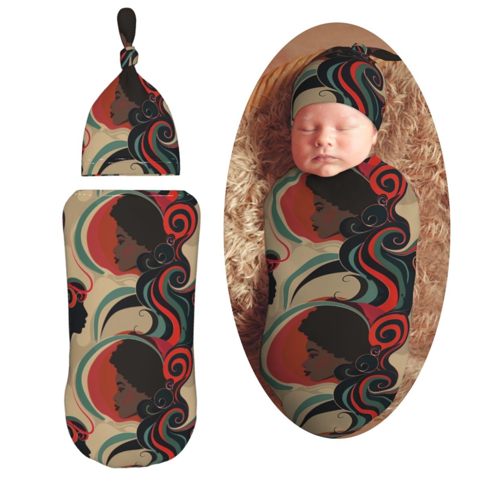 Art Black African American Woman Newborn Swaddle Blankets Hat Sets Soft Baby Receiving Blanket Swaddle Sack for Baby Shower Infant Boy Girl Gift