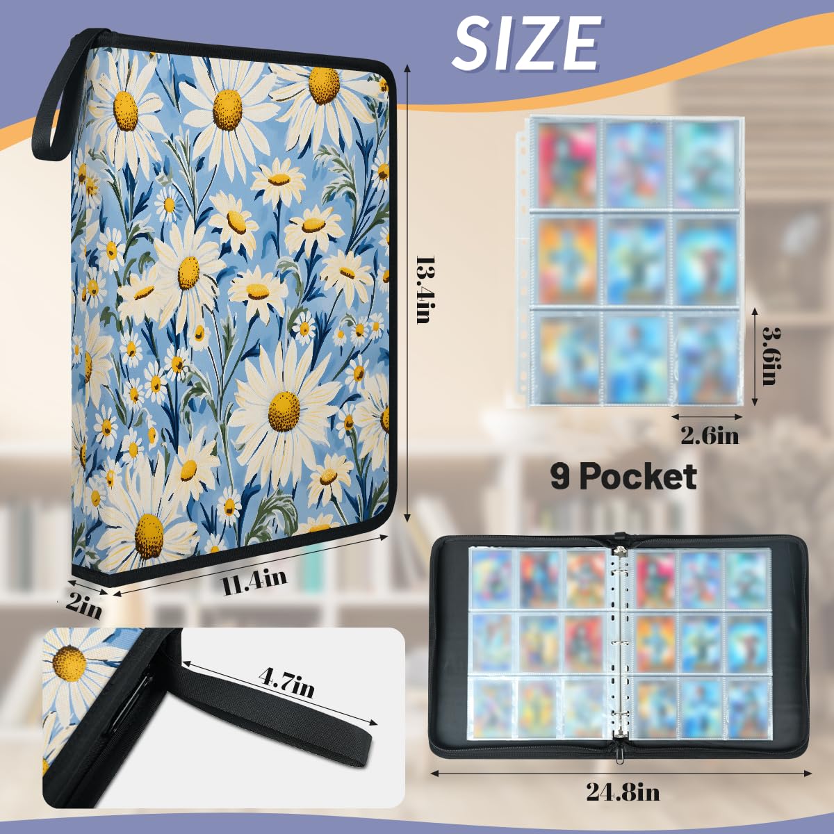 Raccoglitore per carte con 9 tasche, 900 tasche, con chiusura a cerniera (sfondo blu margherita)