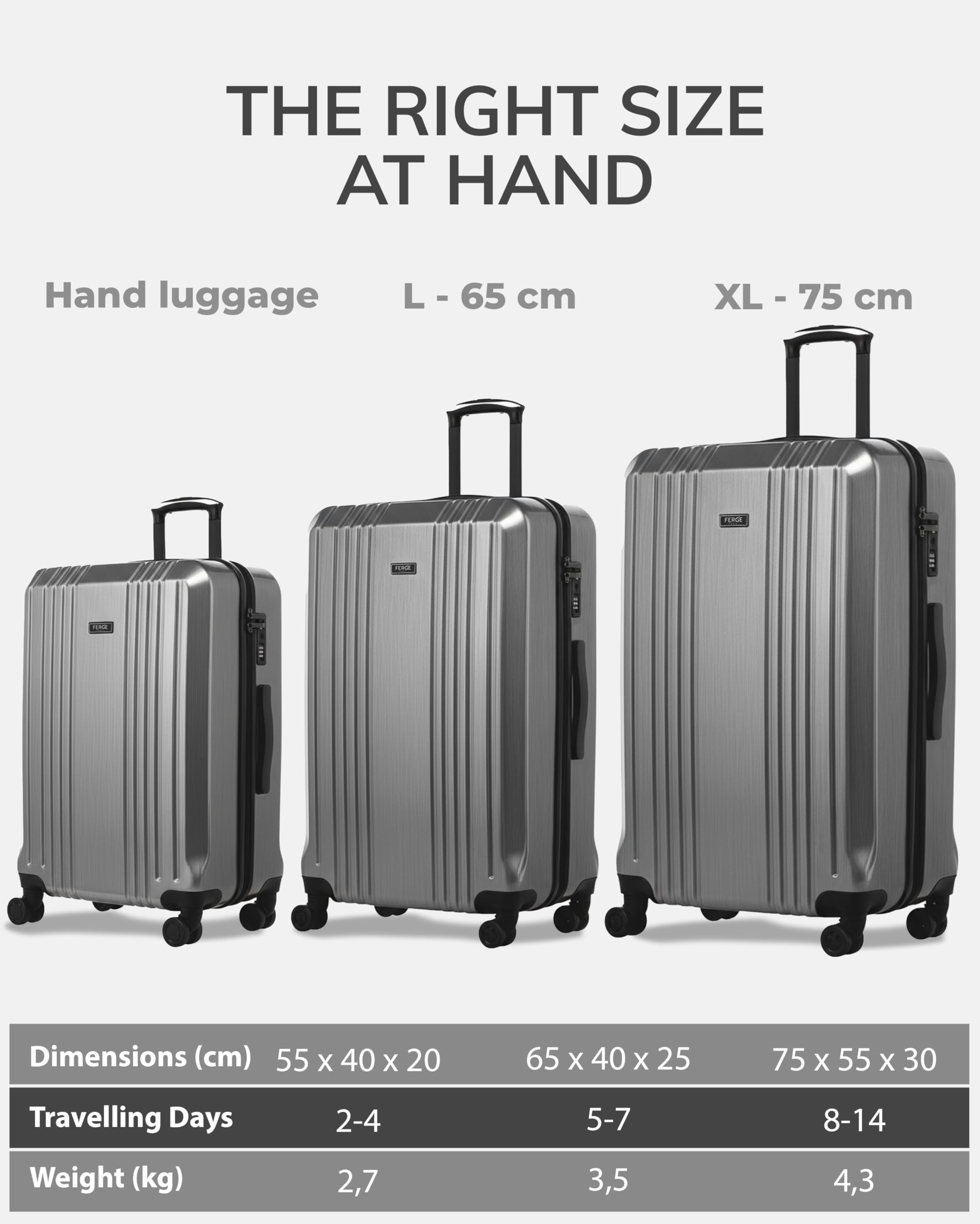 FERGÉ Set 3 valises Rigide léger Serrure TSA Cannes | Lot de 3 - Trolley Voyage | Ensemble de Bagages Gris
