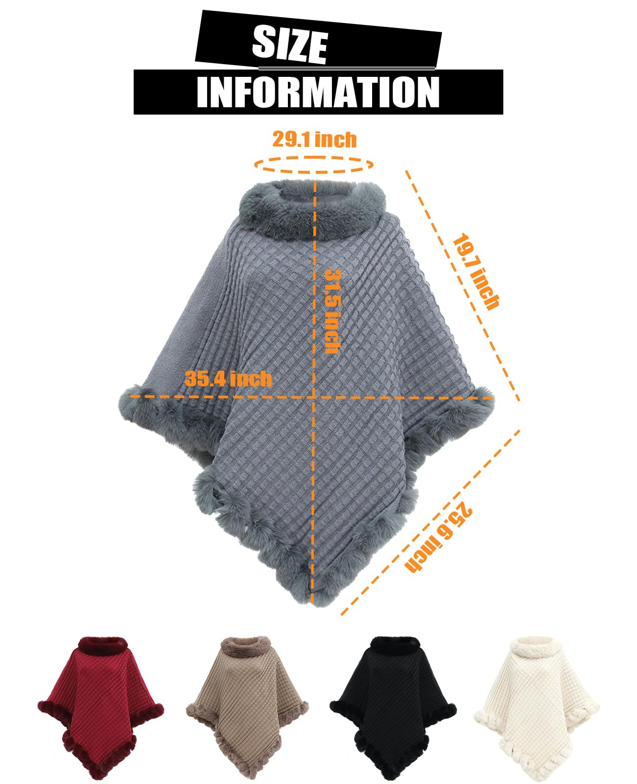 JFAN Ponchos Mujer Capas de Punto Invierno Cálido Elegante Chal con Cuello Redondo Capa de Piel Sintética Térmica para Otoño e Invierno
