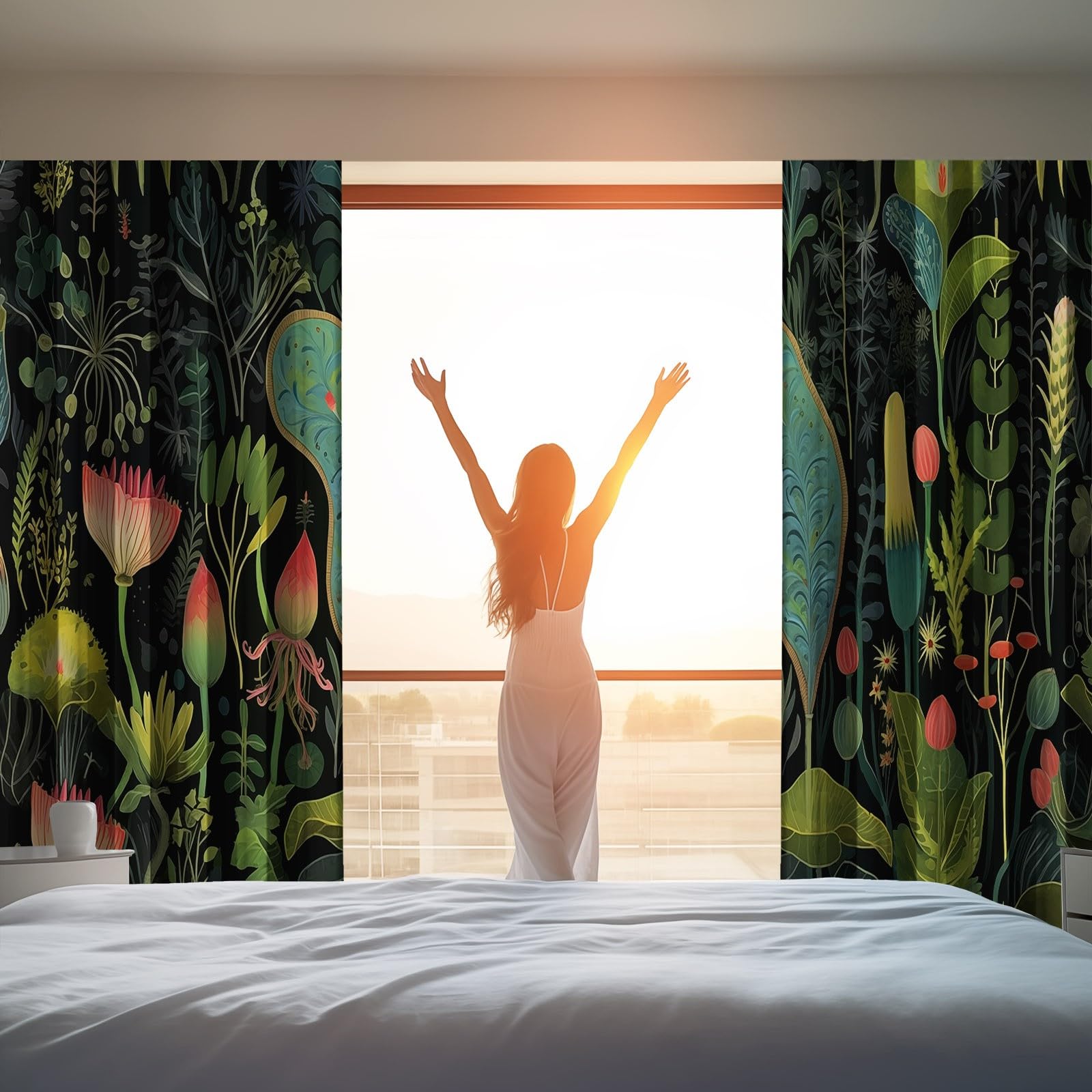 Rideaux Occultants pour Chambre Salon 140 L x 260 H cm (2 Panneaux), Fougères Tropicales Feuilles Imprimer Rideaux à œillets Opaques - Vert Foncé Double Rideau Isolant Anti-Bruit