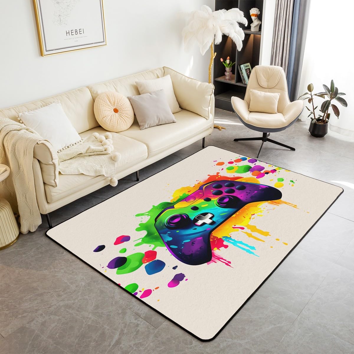 Loussiesd Dywan do salonu dla graczy, 100 x 150 cm, gamingowy dywan akcentujący dla chłopców, dziewcząt, nastolatków, nowoczesny kontroler konsoli do gier, mata podłogowa, joystick, beżowa,