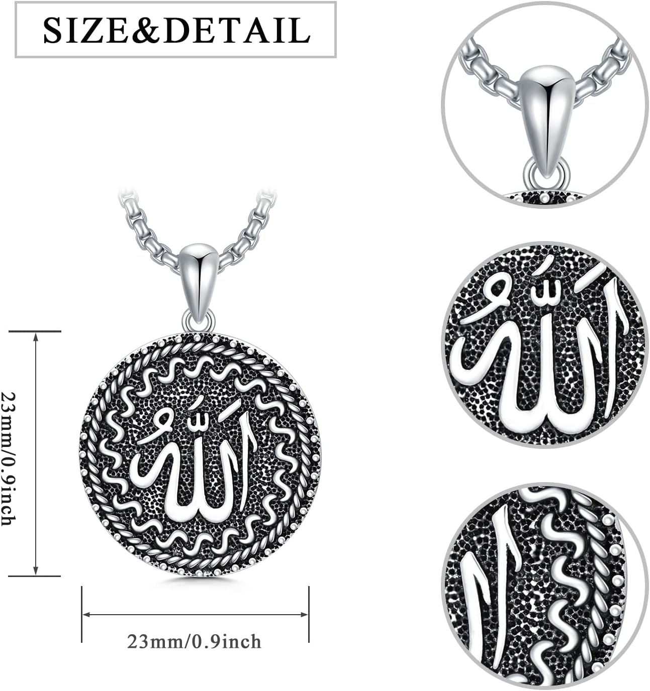 Seiyang Allah Necklace Sterling Silver Islamic Pendant Muslim Islam Jewelry Gift for Men Women Mother Wife Husband - 2mm 22+2 In Rolo Chain (with Gift Box) - Image 2