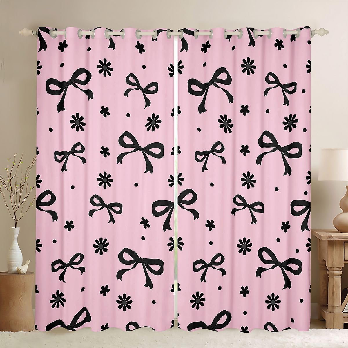 Homewish czarna różowa kokardka kawaii księżniczki zasłony okienne 117 x 137 cm, 2 zestawy paneli - kwiatowe zasłony zaciemniające kwiaty w kropki ozdoby okienne zasłony kokardka wstążka do