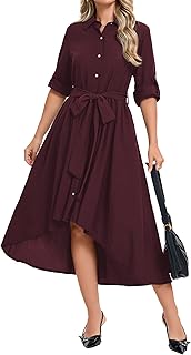 Women's Fall Long Sleeve Casual High Low Midi Dress 2025 Button Down Belted Wasit A-Line Flowy Shirt Dress
