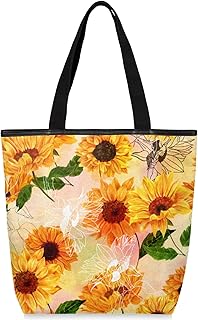 Sacolas de lona com zíper e bolso interno, bolsa de ombro feminina casual bolsa de mão flor de girassol retrô, bolsas de compras reutilizáveis para cozinha, sacolas de lona para uso para livros, sacolas de compras, sacolas de presente, Multicor
