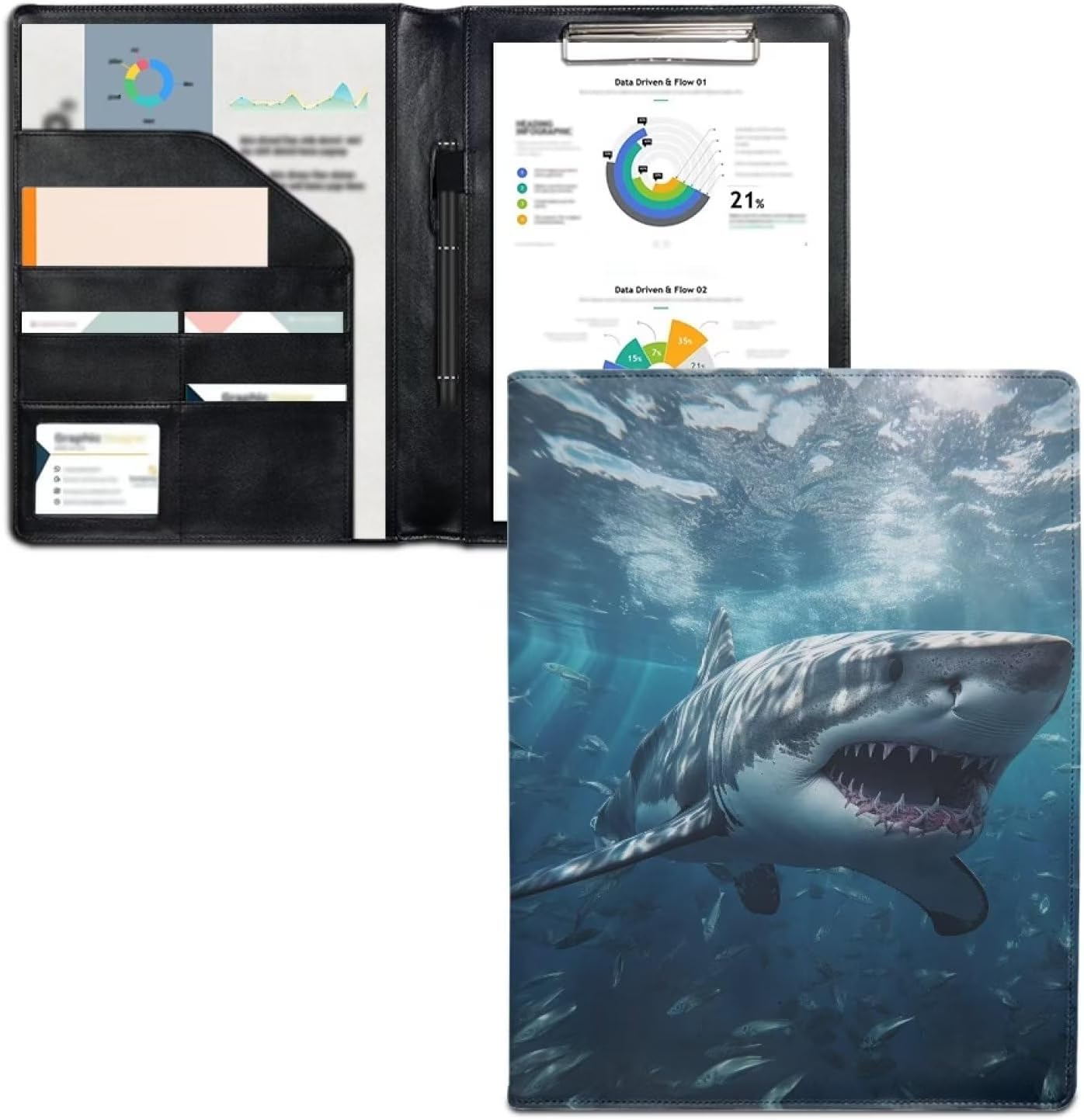 Shark Ocean Padfolio Leather Clipboard Folder Letter A4 Size Portfolio Binder for Conference/Resume/Legal Document Organizer with Notepad Gifts