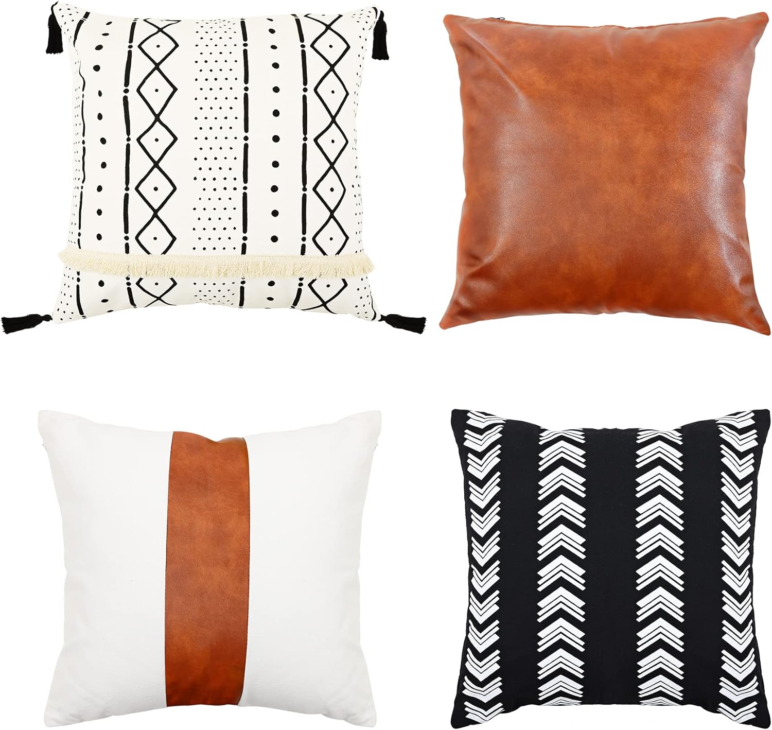 GALMAXS7 Boho Throw Pillow Covers 20 x 20 Set of 4,Faux Leather Throw Pillow Covers,Modern Farmhouse Decorative Pillow Cover Sets for Living Room Couch Sofa Bed,Black and White Pillow Covers