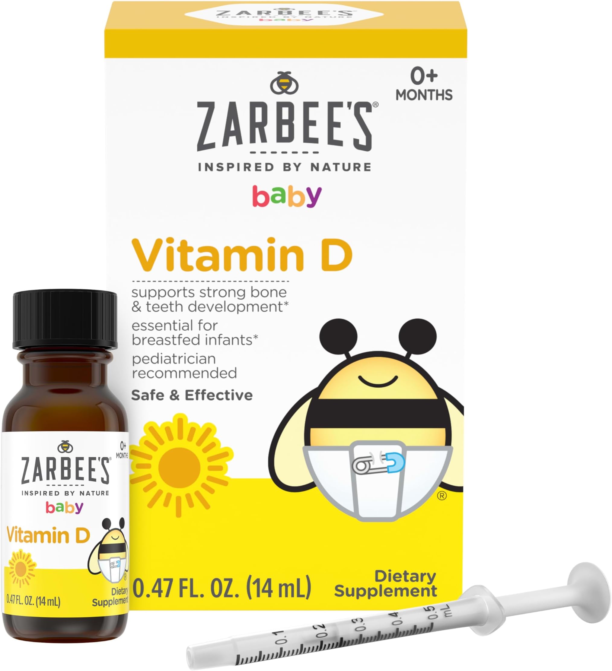 Zarbee's Vitamin D Drops for Infants, 400IU (10mcg) Baby & Toddler Liquid Supplement, Newborn & Up, Dropper Syringe Included, 0.47 Fl Oz
