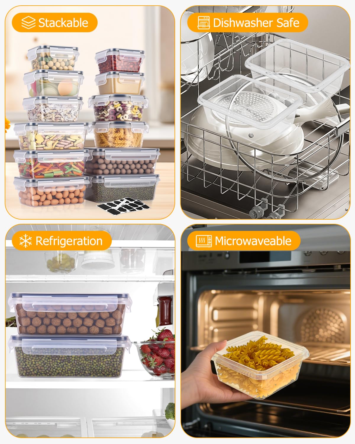 24 Pezzi Contenitori di Plastica Contenitori Alimenti,Barattoli Cucina con Coperchio Contenitori Pasta Barattoli Cucina Senza BPA per Cereali, Porta Muesli,Farina 1L/0.84L/0.7L/0.55L/0.35L