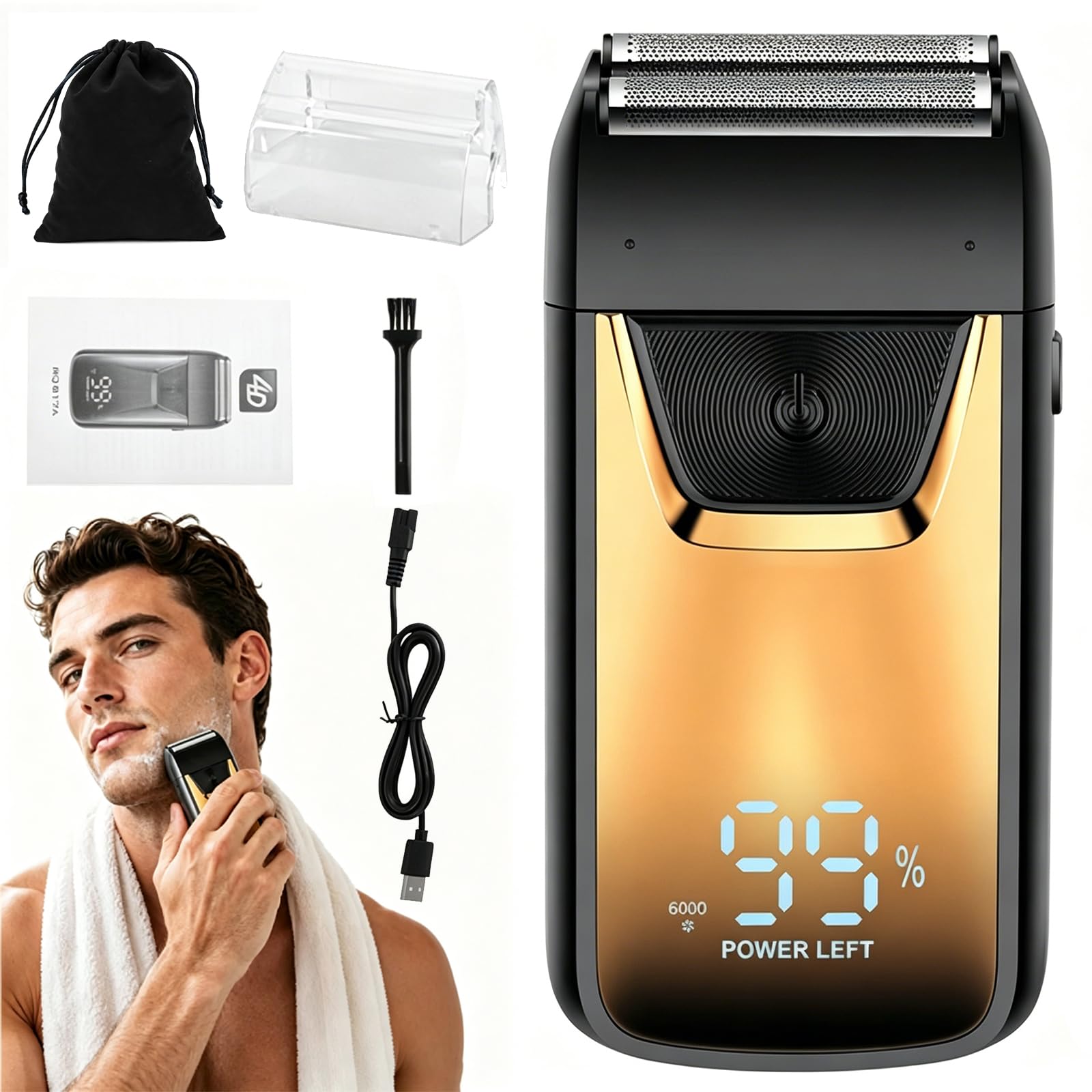 Mini Rasoio Elettrico Portatile con Display LED, Rasoio USB Ricaricabile per Uomo, Rasatura Wet & Dry, Rasoio da Viaggio Compatto, Regolabarba a Lamina (Gold)