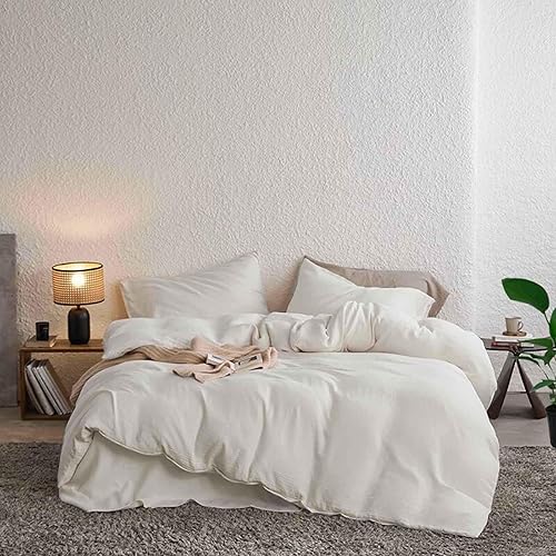 Miniatura 6 de Nanko Juego de funda de edredón de gasa de doble capa 100% algodón color beige tamaño King, ropa de cama de lujo super suave y elegante, funda de