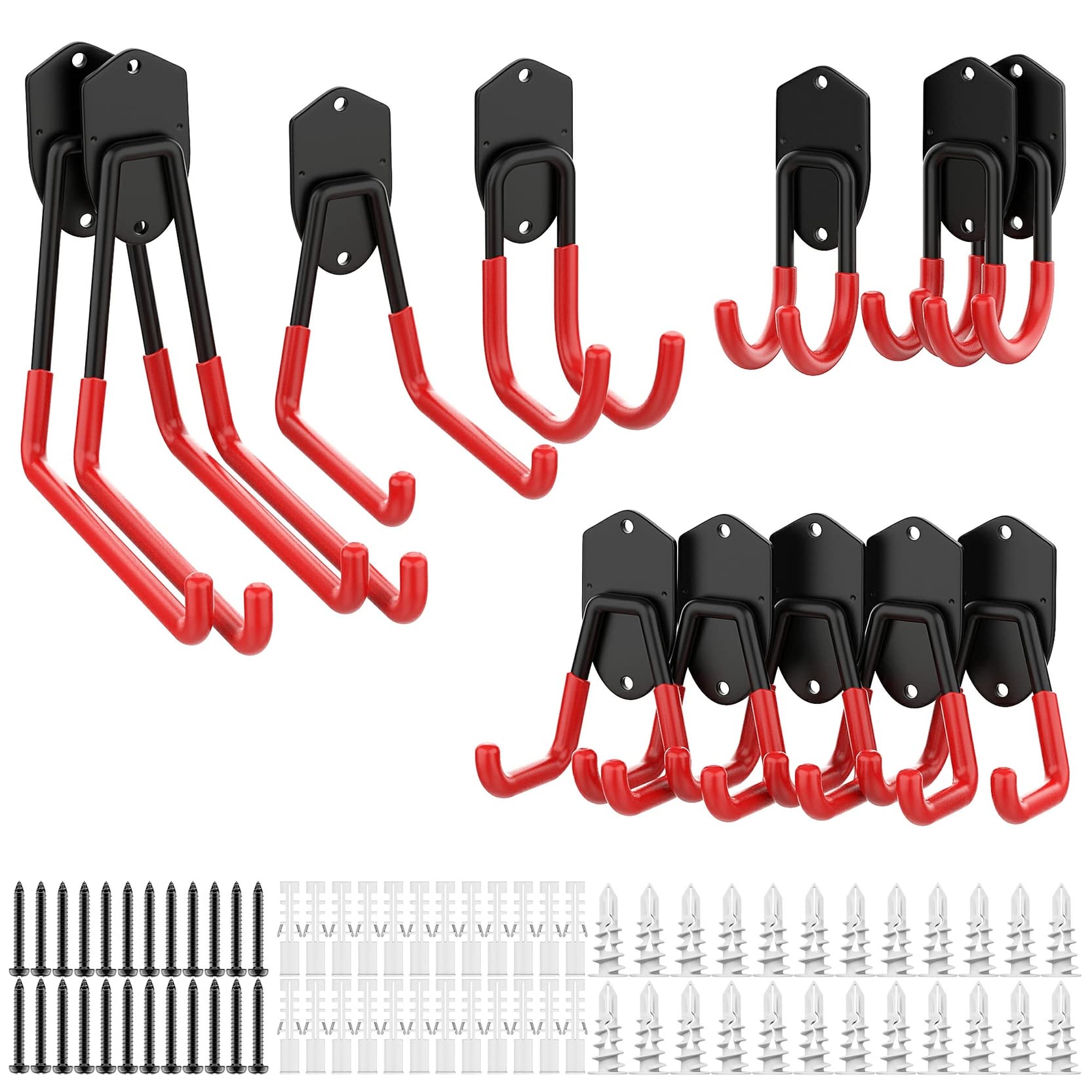 WALMANN 12PCS Garage Storage System Hooks, Wall Mount Heavy Duty Rubber Coated Utility Hooks for Garden Tools, Ladders, Cords, Folding Chairs, Weed Eaters, Shovels and Rakes