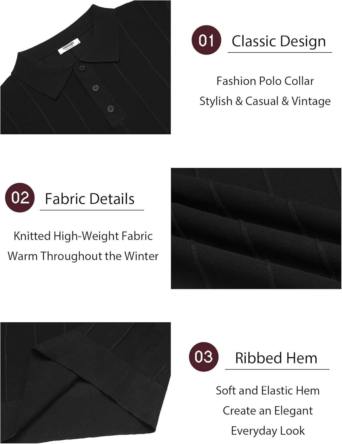 COOFANDY Mens Knit Long Sleeve Polo Sweater Business Casual Collared Golf Sweaters Ribbed Textured Activewear Polos - Image 4