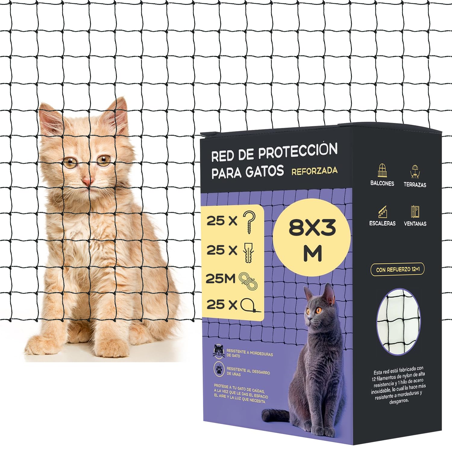 Red para Gatos Terraza Reforzada (8x3m) + Kit Instalación + Instrucciones. Red Gatos Ventanas y Terraza, de Color Negro, Refuerzo de Acero Inoxidable 12+1 (8x3m)