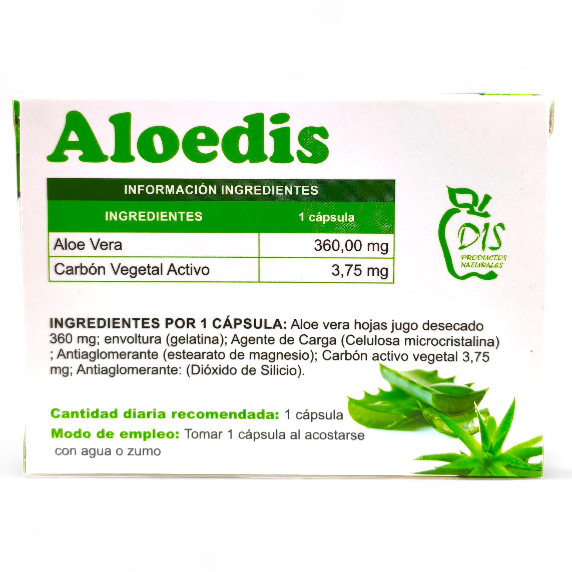 Dis Aloedis - Pack Ahorro 2 x 60 Cápsulas - Suplemento Digestivo, con Zumo de Hojas de Aloe Vera 360mg y Carbón Activo 3.75mg - Para Ayudar a Equilibrar la Flora Bacteriana