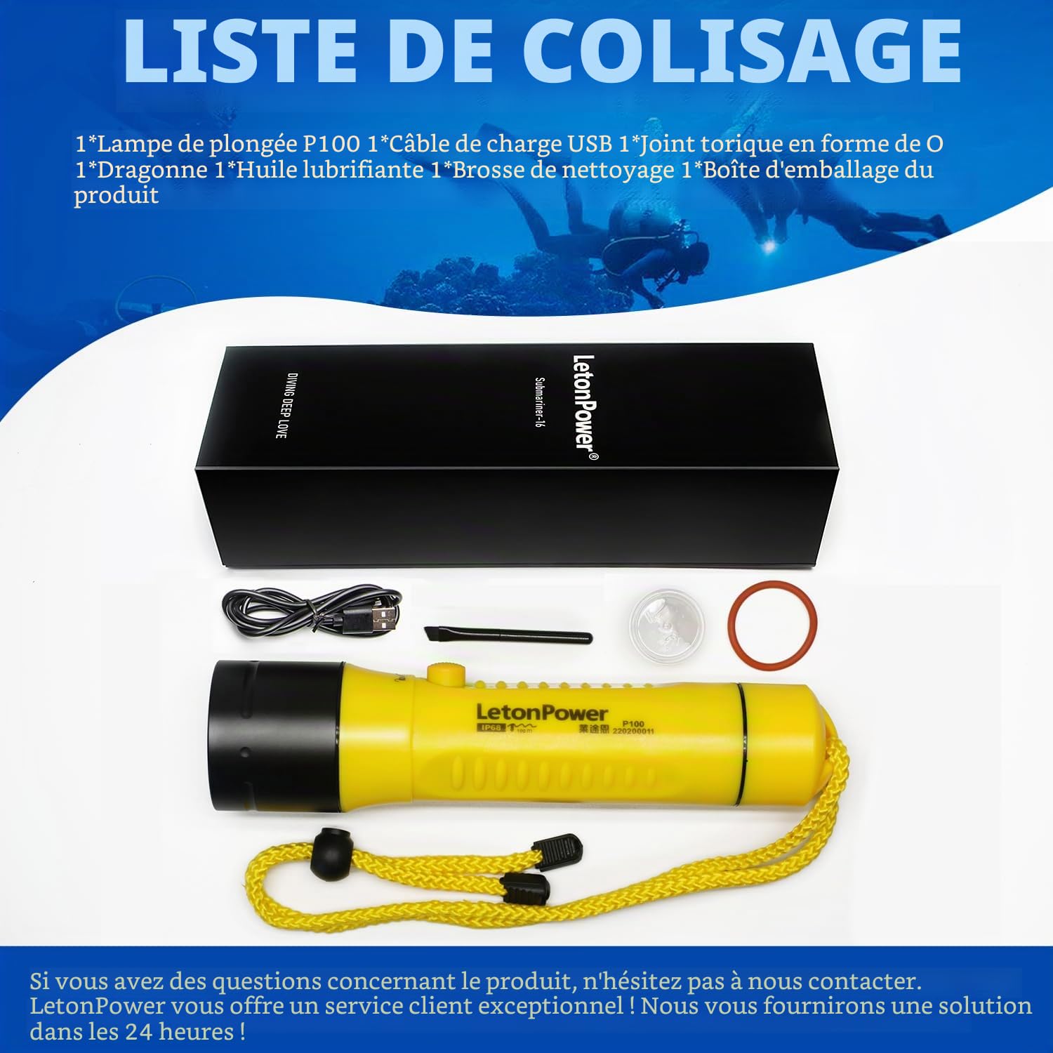 Lampe de Plongée 1800 Lumens - Torche Sous-Marine IPX8 Étanche 100m, Lumière Blanche 5500K Rechargeable, pour Plongée/Chasse Sous-Marine