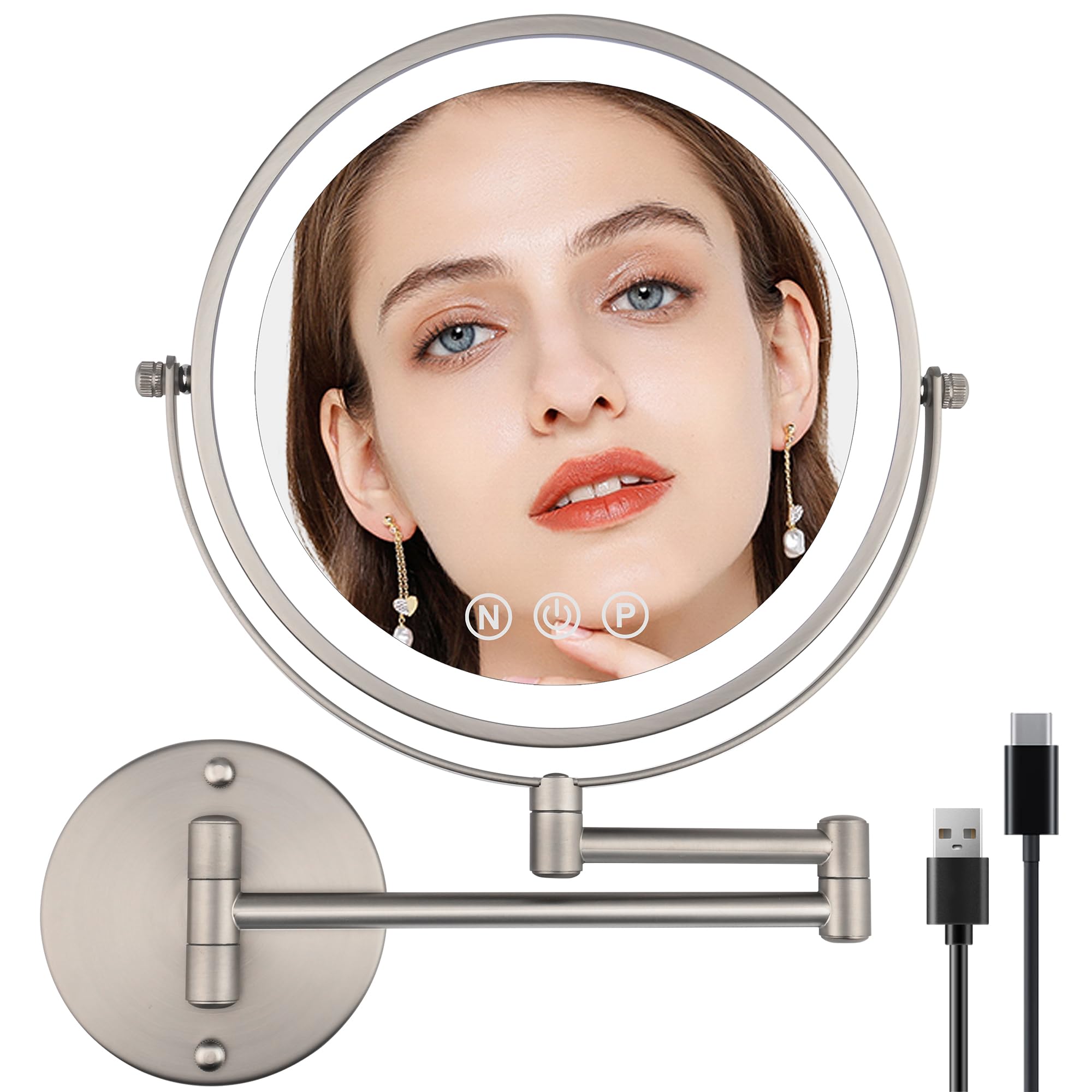 9" Wall Mounted Lighted Makeup Mirror with Magnification, 1X/10X Magnifying Mirror with Light, 3 Color LED 2000mAh Rechargeable Light Up Magnifying Nickel Extendable