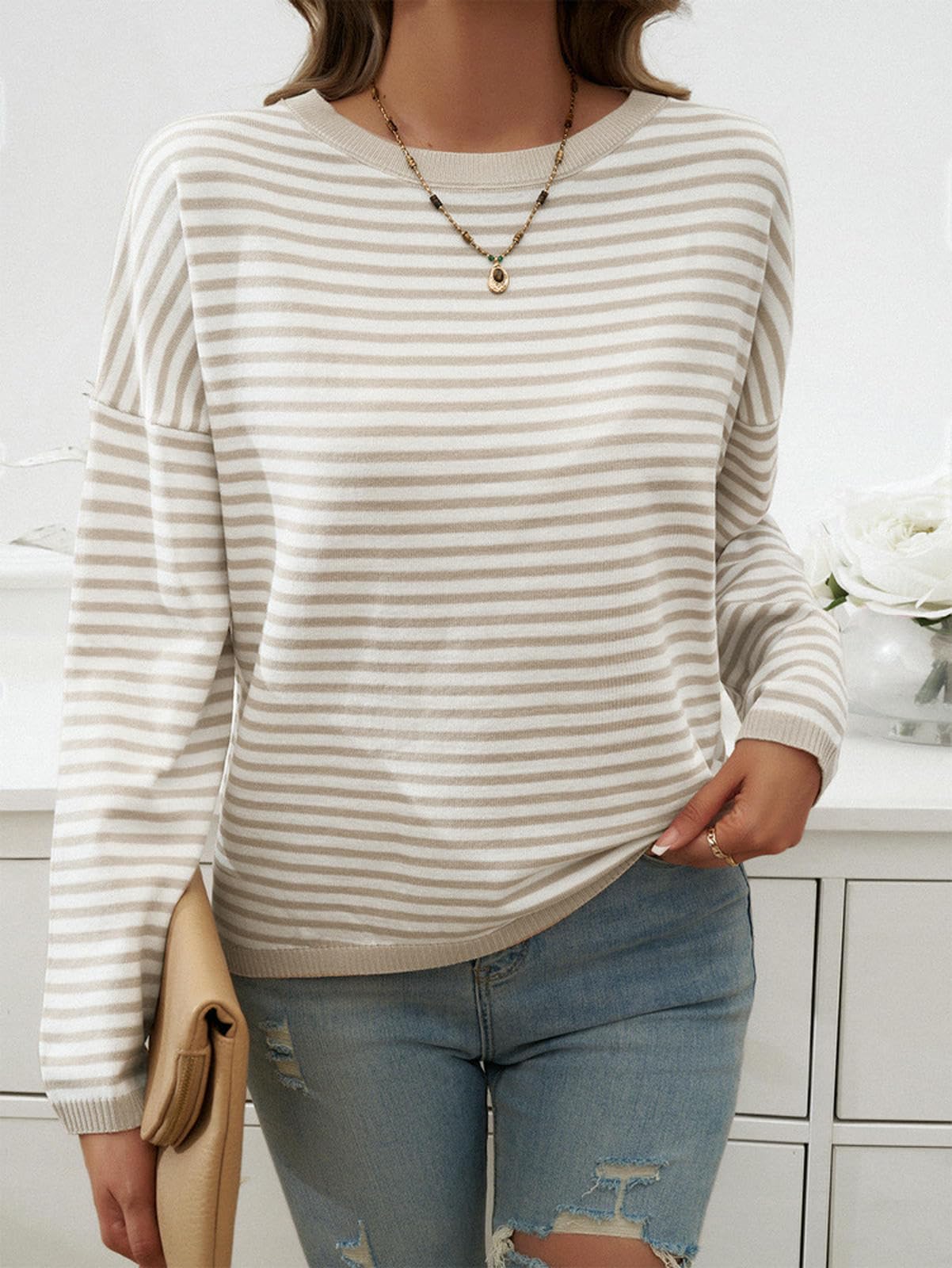 Maglioni da Donna Top Autunnali E Invernali Femminili, Eleganti A Strisce Rottate Casual, Autunno Inverno