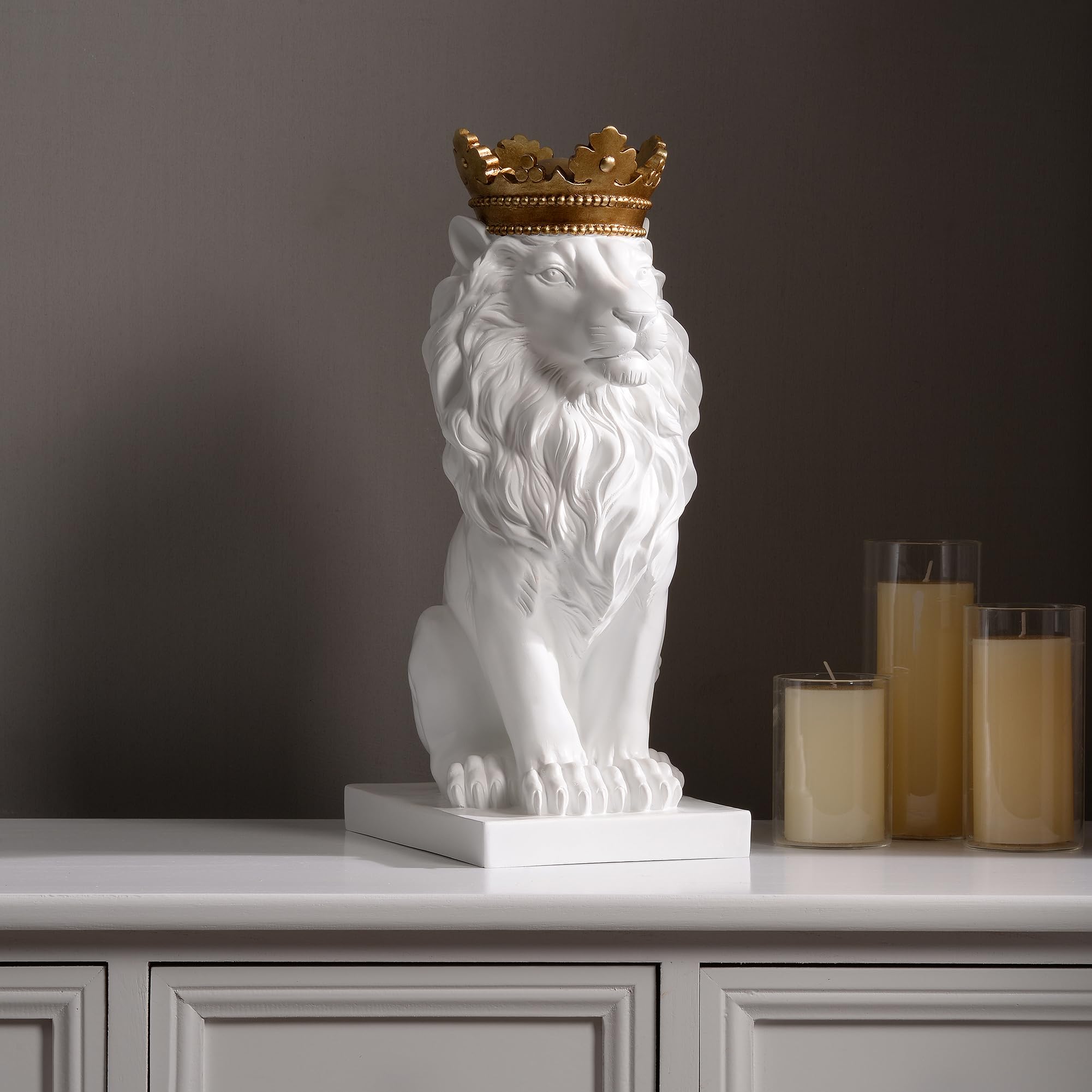 14.5" H White Sitting Lion W/Gold Crown Resin Statue Home Decor Living Room Display