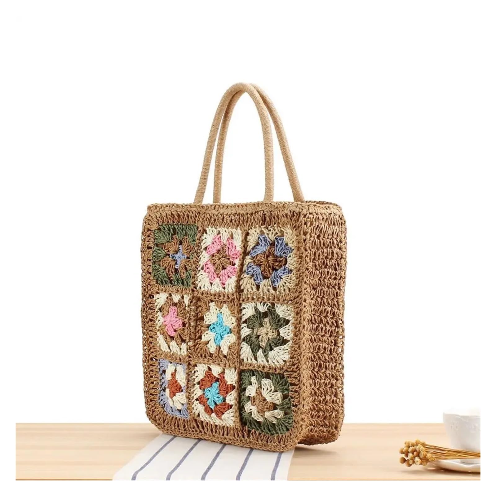 Bolso Ganchillo Flores Bolso de mano de gran capacidad tejido a mano con flores de ganchillo, bolso de paja tejido a mano, portátil