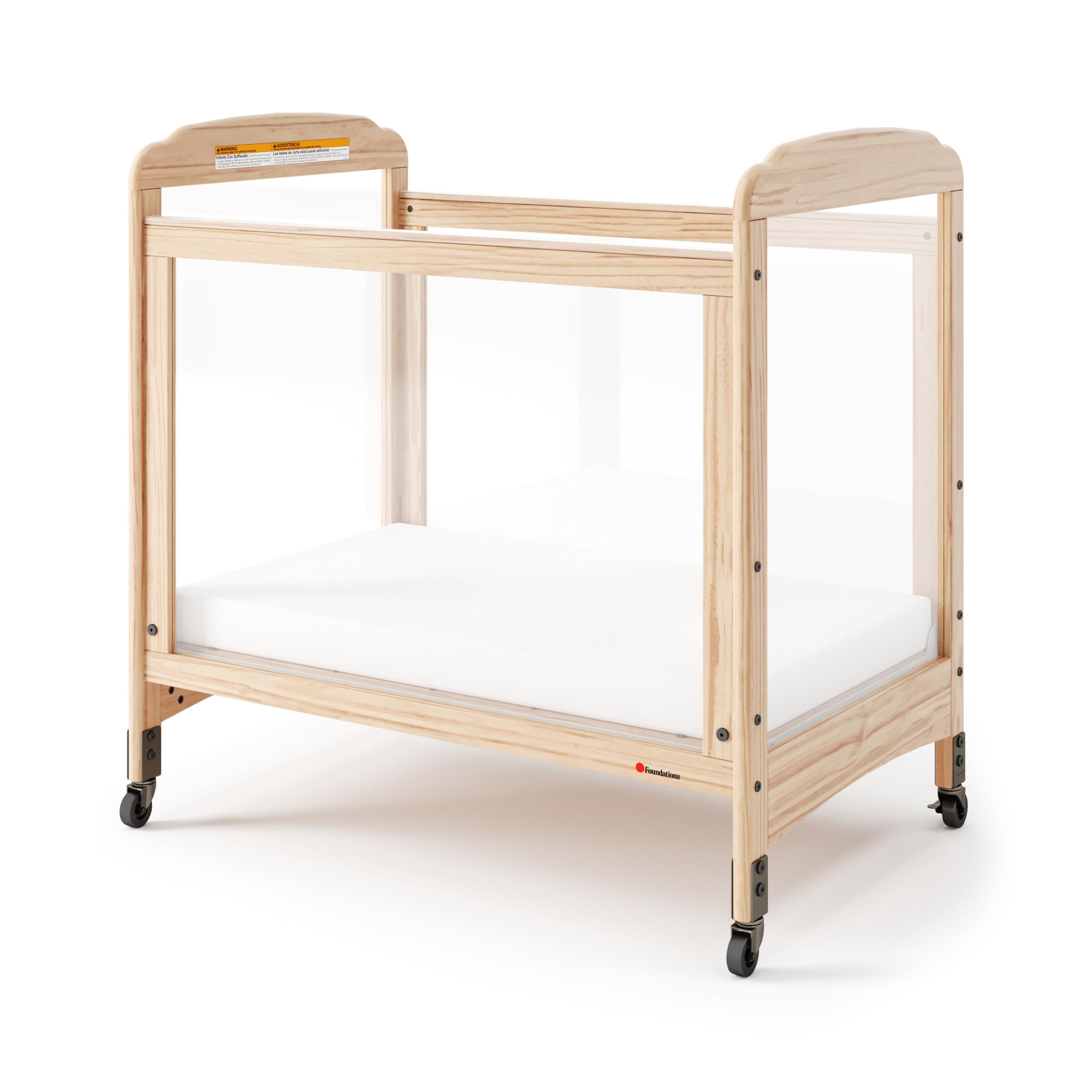Foundations Serenity Compact 4 Side Clearview Daycare Crib Natural, Fixed Side, Durable Wood Construction, Non-Marking Casters (2 Locking), Includes 3
