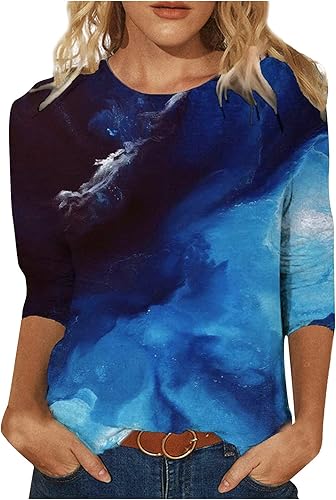 Womens Tops Dressy,Womens Floral Print O Neck 34 Sleeve Shirts Business Casual Tunic Tops Loose Work Blouses