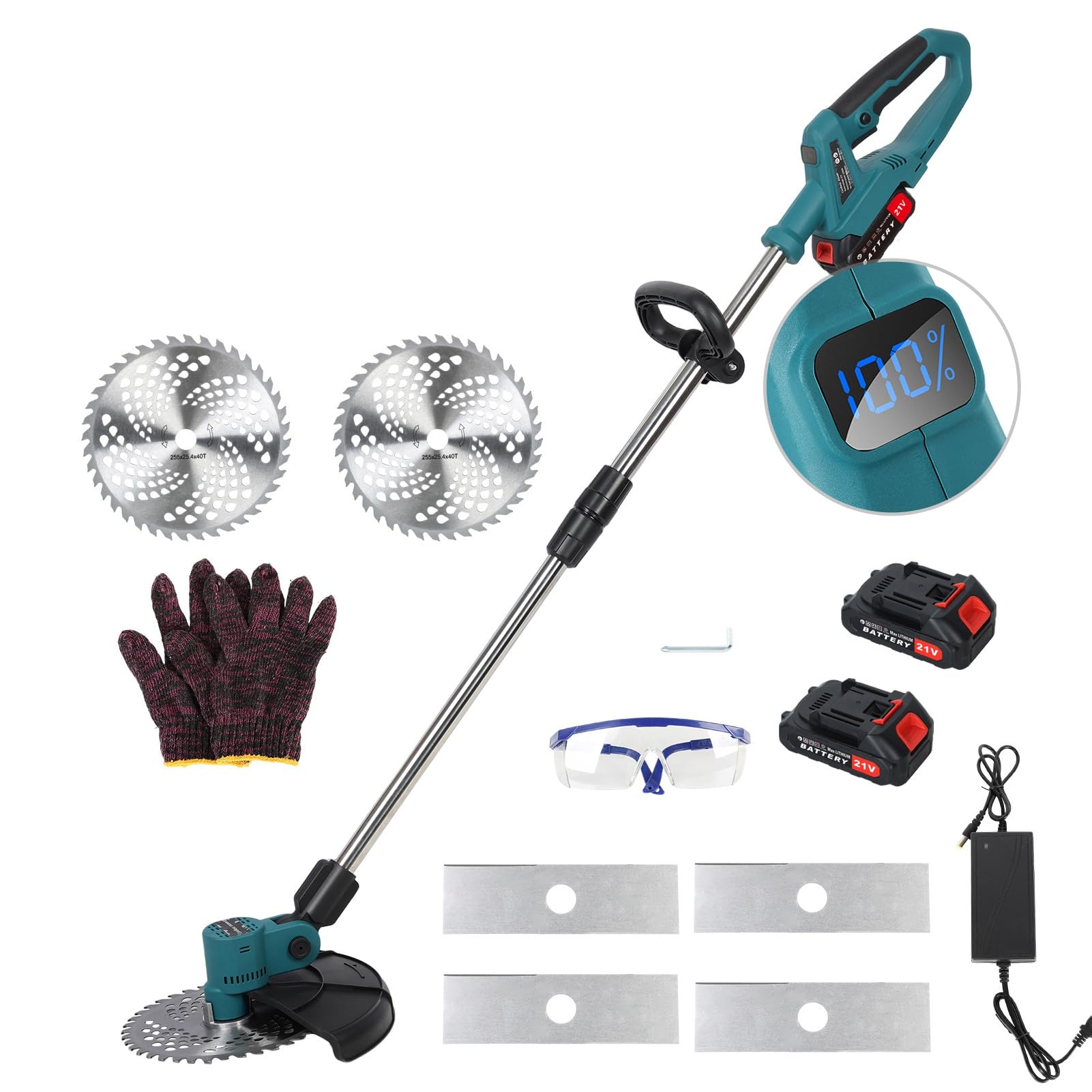 Desbrozadora inalámbrica de 9 pulgadas, desbrozadora de jardín ajustable inalámbrica, 2 desbrozadoras de batería de 21 V 2000 mAh inalámbricas, cortador de cepillo con 2 tipos de cuchillas,