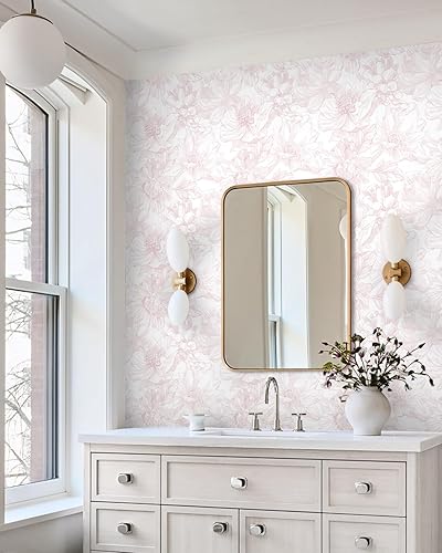 Miniatura 4 de Dimoon Papel tapiz floral de 236 x 16.1 pulgadas, papel de contacto con hojas verdes, flores rosadas, grueso, impermeable, autoadhesivo, papel tapiz
