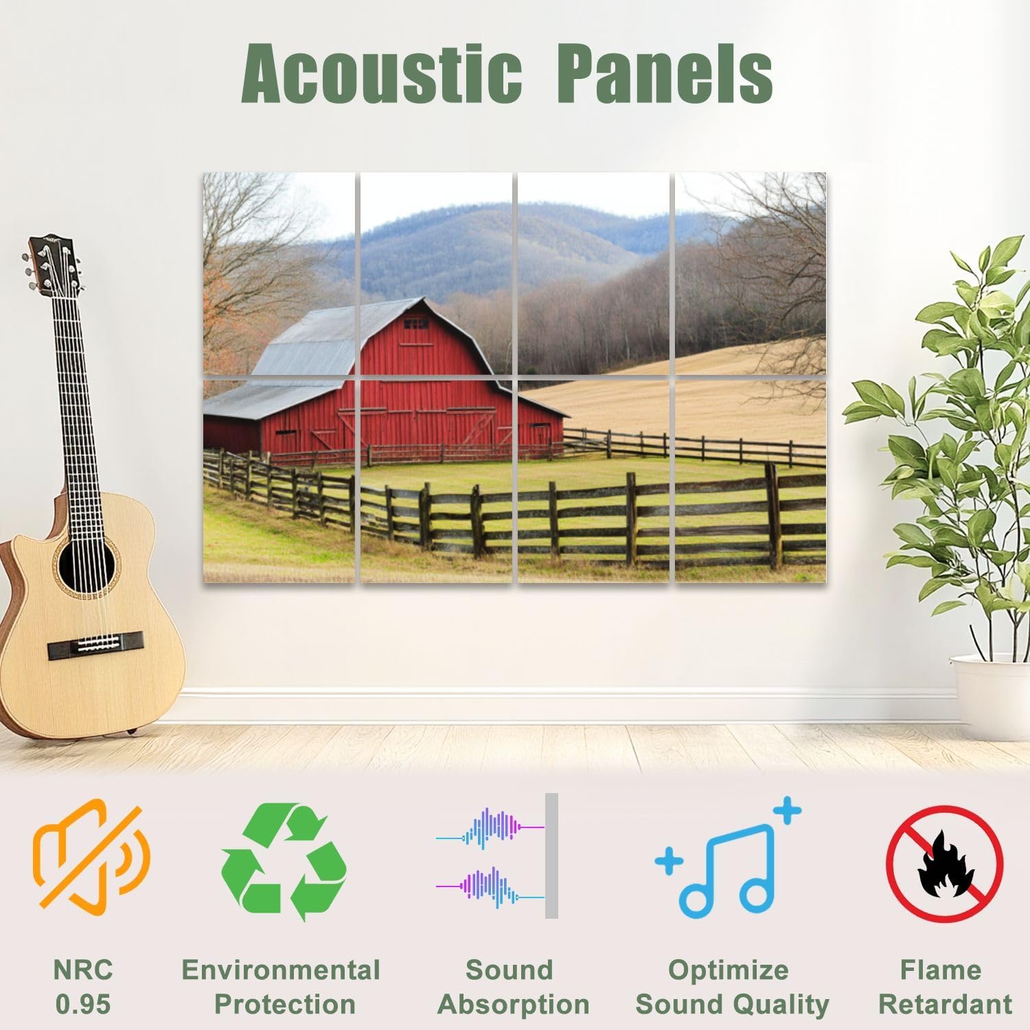 8 Pack Art Acoustic Panels Sound Absorbing Rustic Farmhouse Vintage Barn Country Field Landscape Open Field Decorative Soundproof Wall Panels Self Adhesive for Recording Studios Office 48"x32"