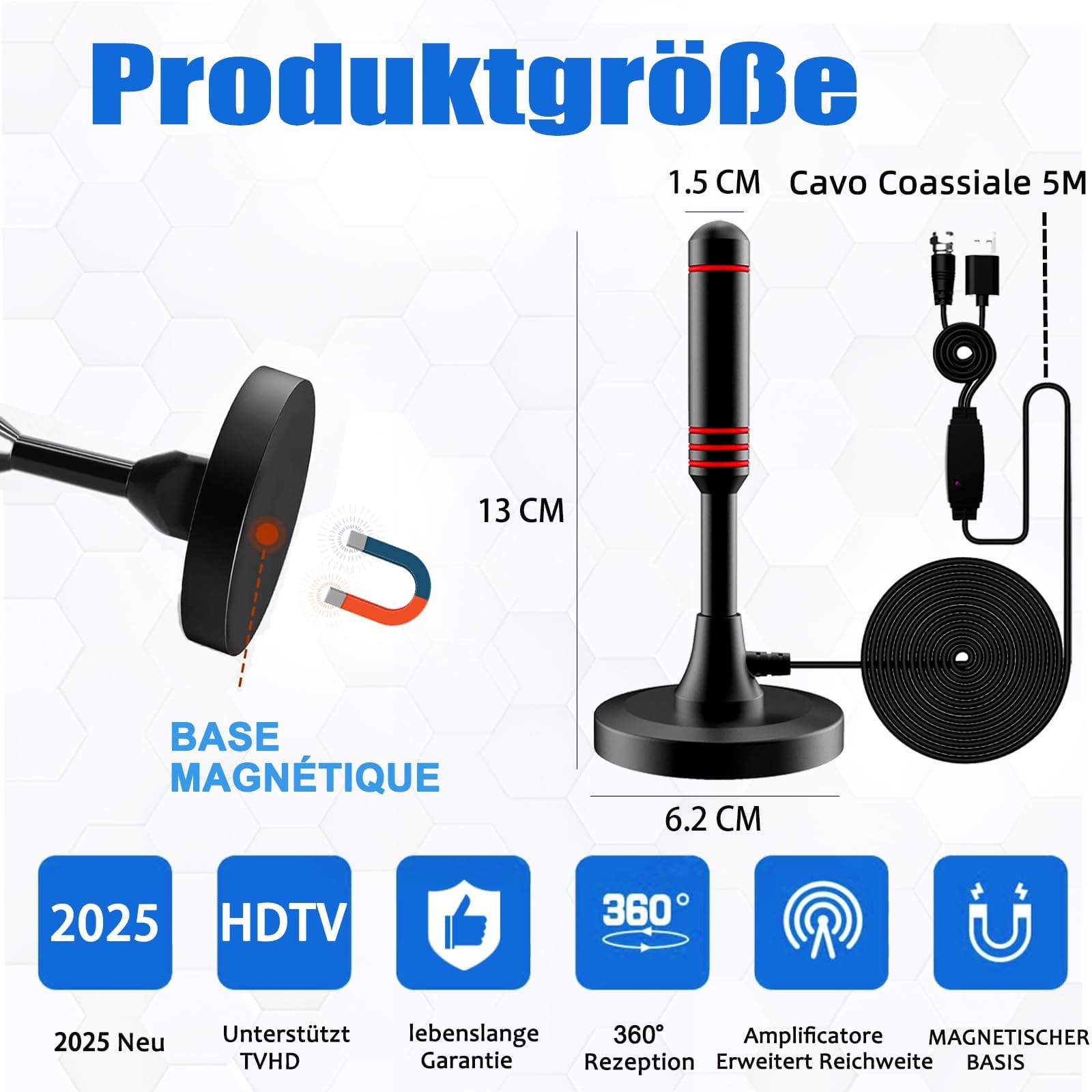 Antenna TV Interna, Antenna TV Interna HDTV Digitale 500+ Miglia Amplificata con Base Magnetica/Amplificatore di Segnale Support 4K HD/1080P/VHF/UHF per Home Smart Televisione/Radio, Cavo Coassiale 5M