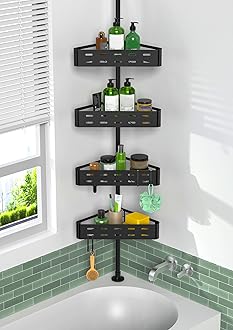 KEGII Corner Shower Caddy Tension Pole - Shower Tension Rod Organizer, Floor to Ceiling Shower Caddy 25-114.2 inch, Towel Rack Corner Waterproof, Dark Black