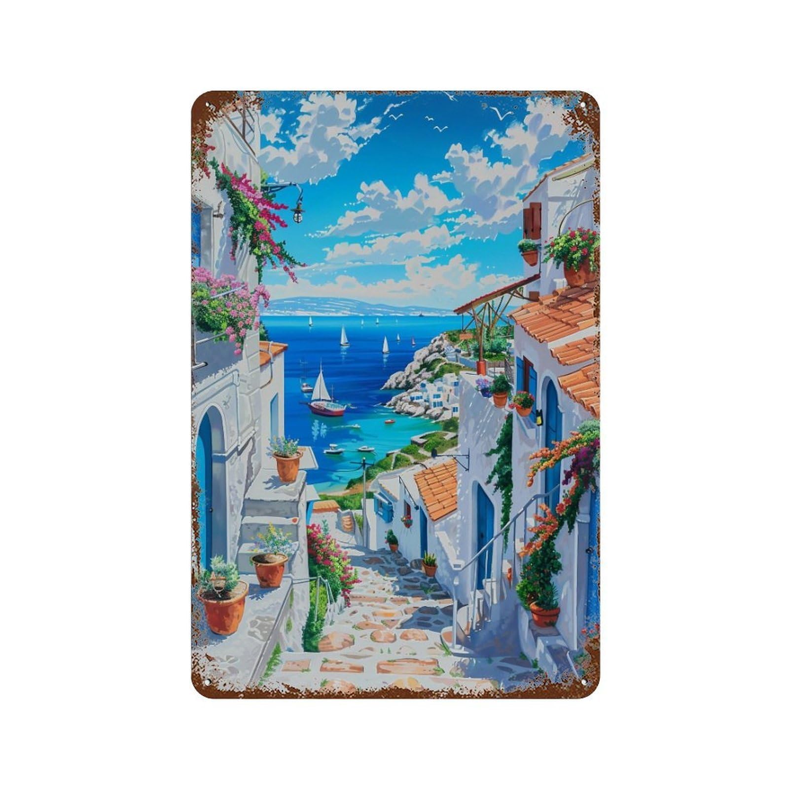 HDURYEYRYY Greek Pink Cottage Bougainvillea Bay 02 Wall Retro Iron Vintage Art Metal Tin Sign Poster Modern Home Cofffee Club Art Bar Shop Decor Style 30x20cm