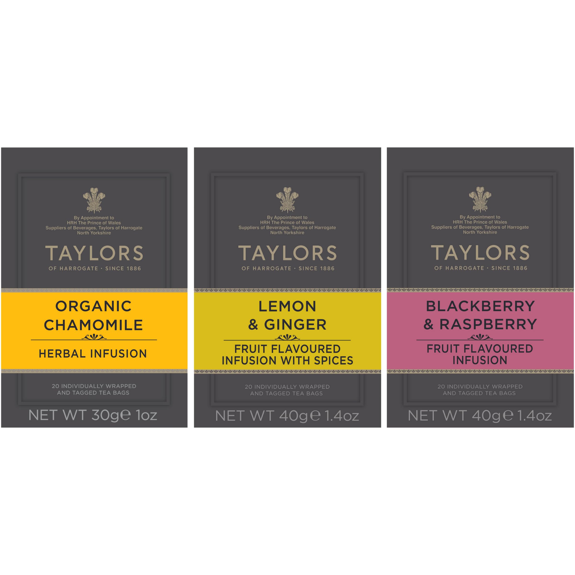 Taylors of Harrogate Herbal Tea Variety Pack – Chamomile, Lemon Ginger & Blackberry Raspberry – Caffeine-Free – 60 Tea Bags (Pack of 3)