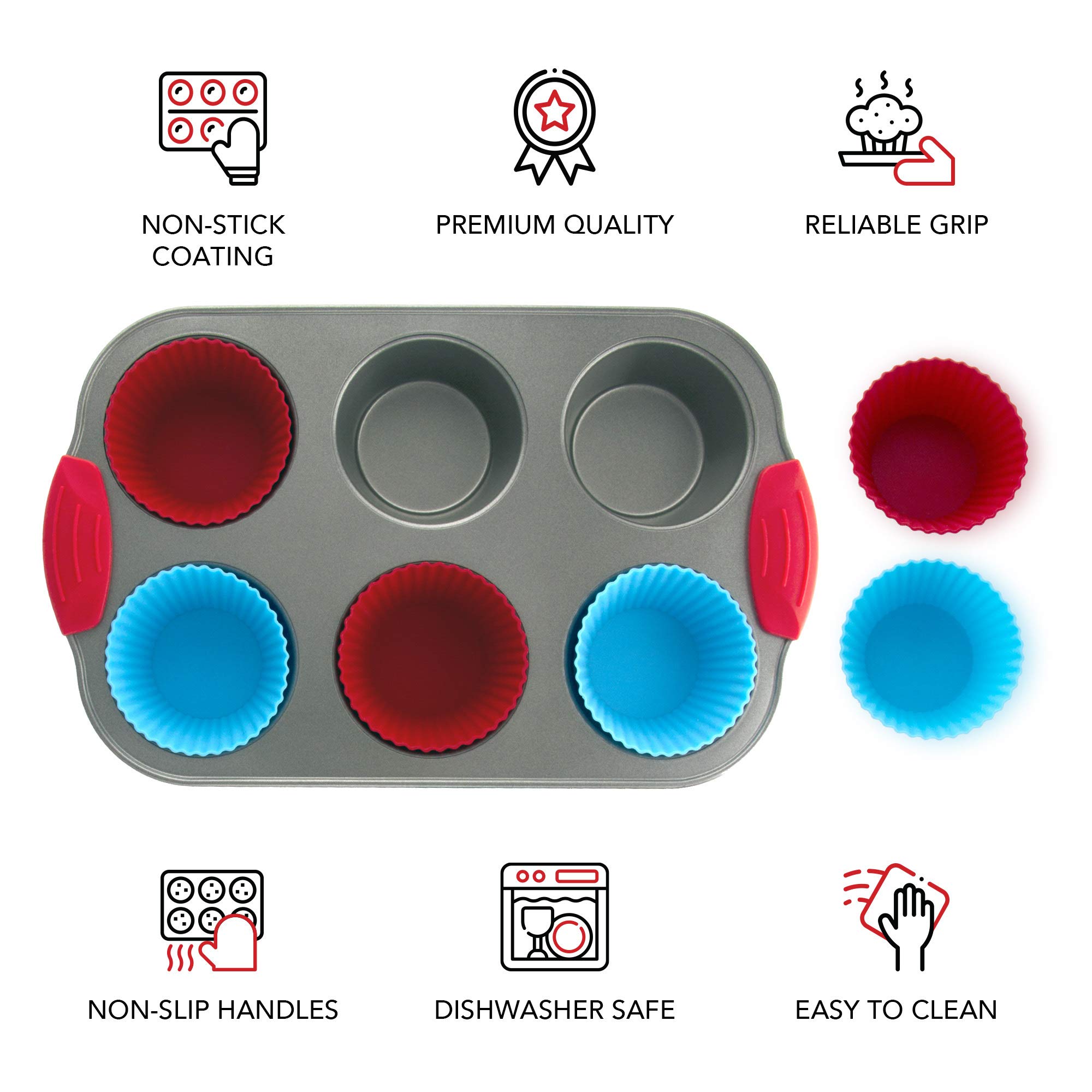 Zuvo Vassoio Per Muffin Antiaderente 6 Tazze Con Manici In Silicone – Teglia In Acciaio Al Carbonio - 6