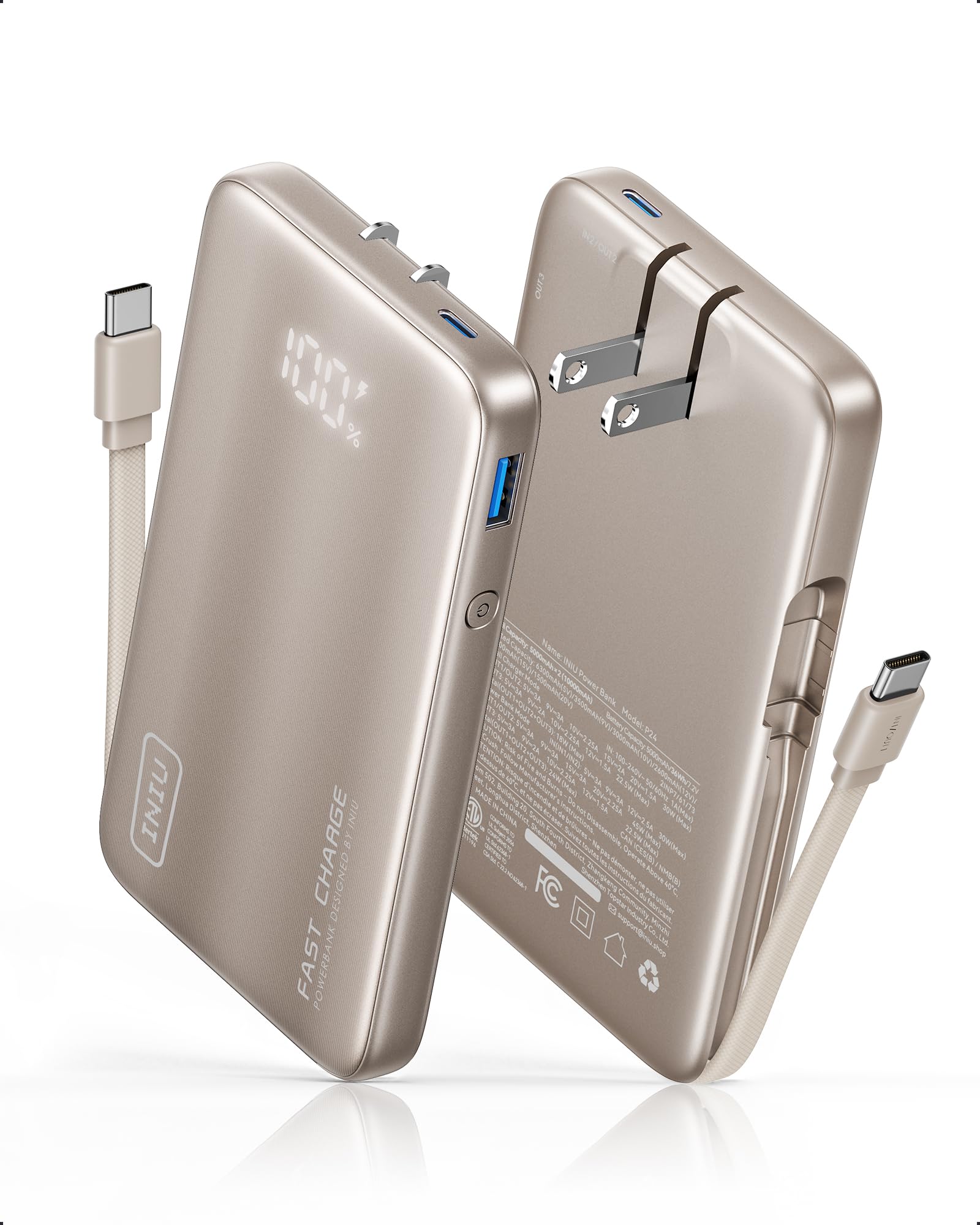 INIU 3-in-1 Portable Charger, 45W 10000mAh Fast Charging Power Bank, Built-in USB C Cable & Foldable Wall Plug, Travel Essentials, Battery Pack for