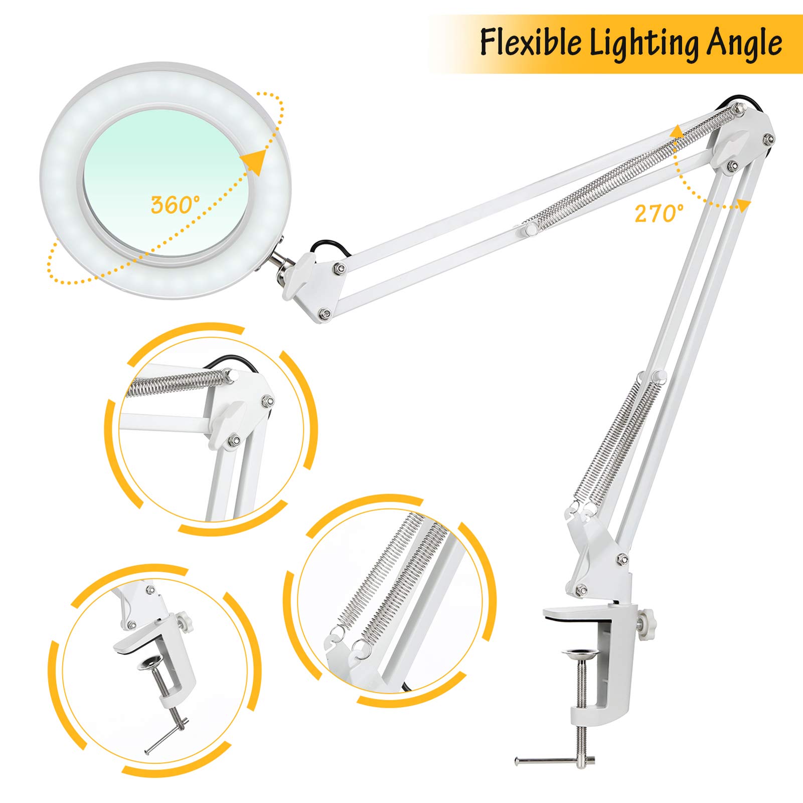 Flexibel Lupe mit Licht und Ständer größer, Schreibtischlampe Led Dimmbar mit 8-facher Lupe, Schwenkarm, Dimmbare LEDs, 3 Farbmodi und 10 Helligkeitsstufen, Lupenleuchte Kosmetiklampe (Weiß)
