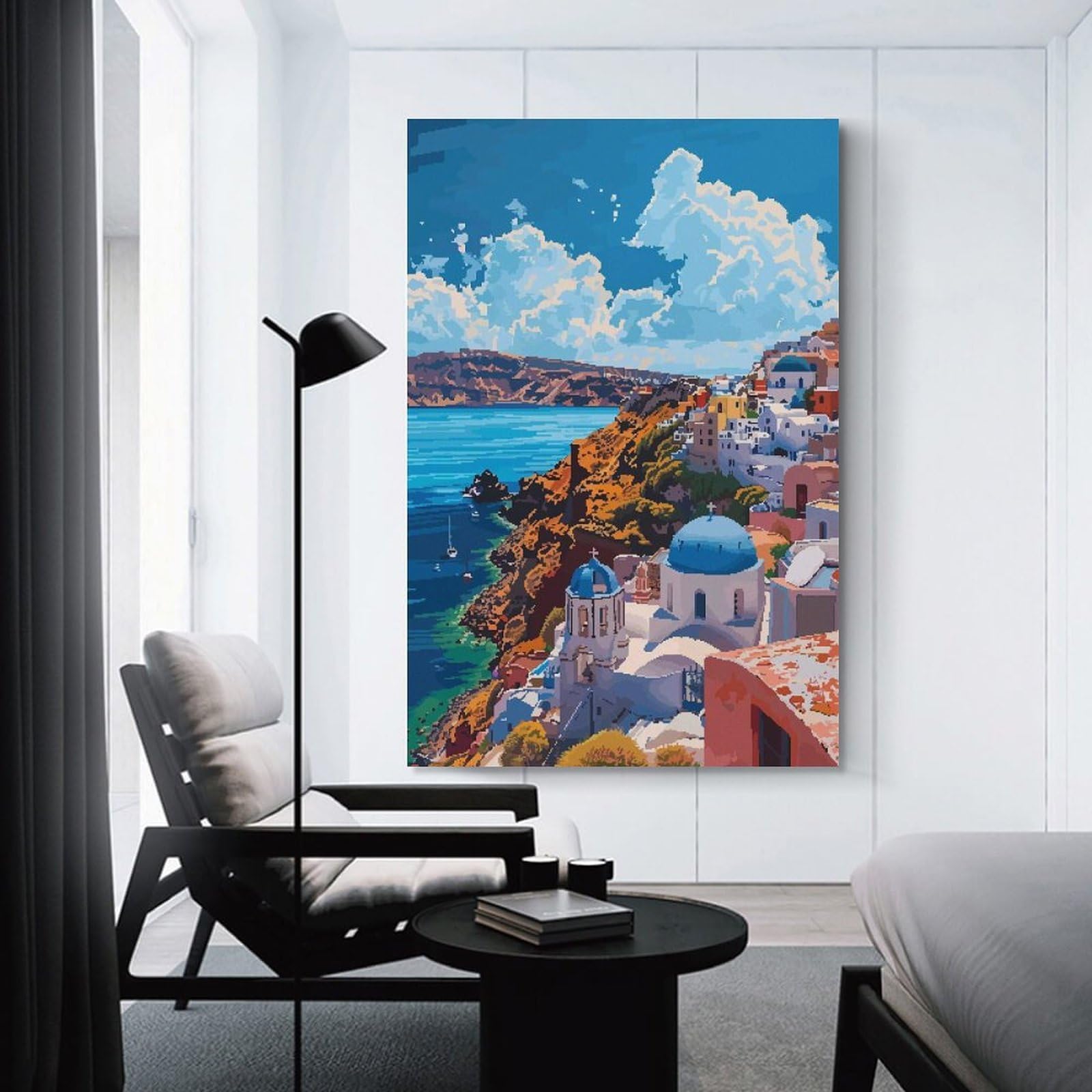 Junmoney Greek Santorini Art Retro Wall Picture Print, 20x30inch(50x75cm), for Flats, Guest Rooms Or Compact Rooms, Decorative Canvas Decor for Home Updates