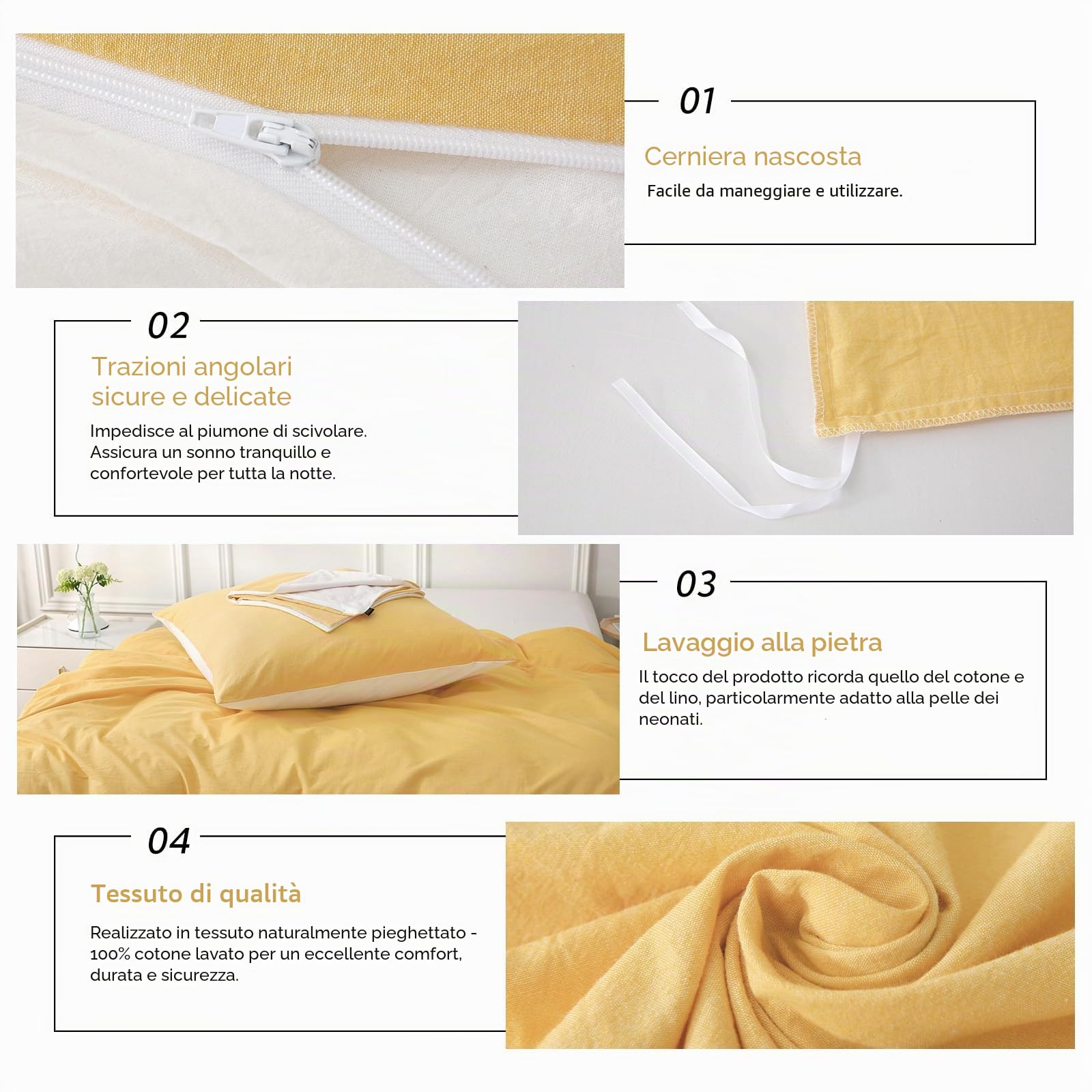 MILDLY Copripiumino 220 x 240 cm, 100% cotone lavato, certificato Oeko-TEX, set copripiumino giallo con chiusura lampo, biancheria da letto matrimoniale 220 x 240 cm, adulto con 2 federe 65 x 65 cm