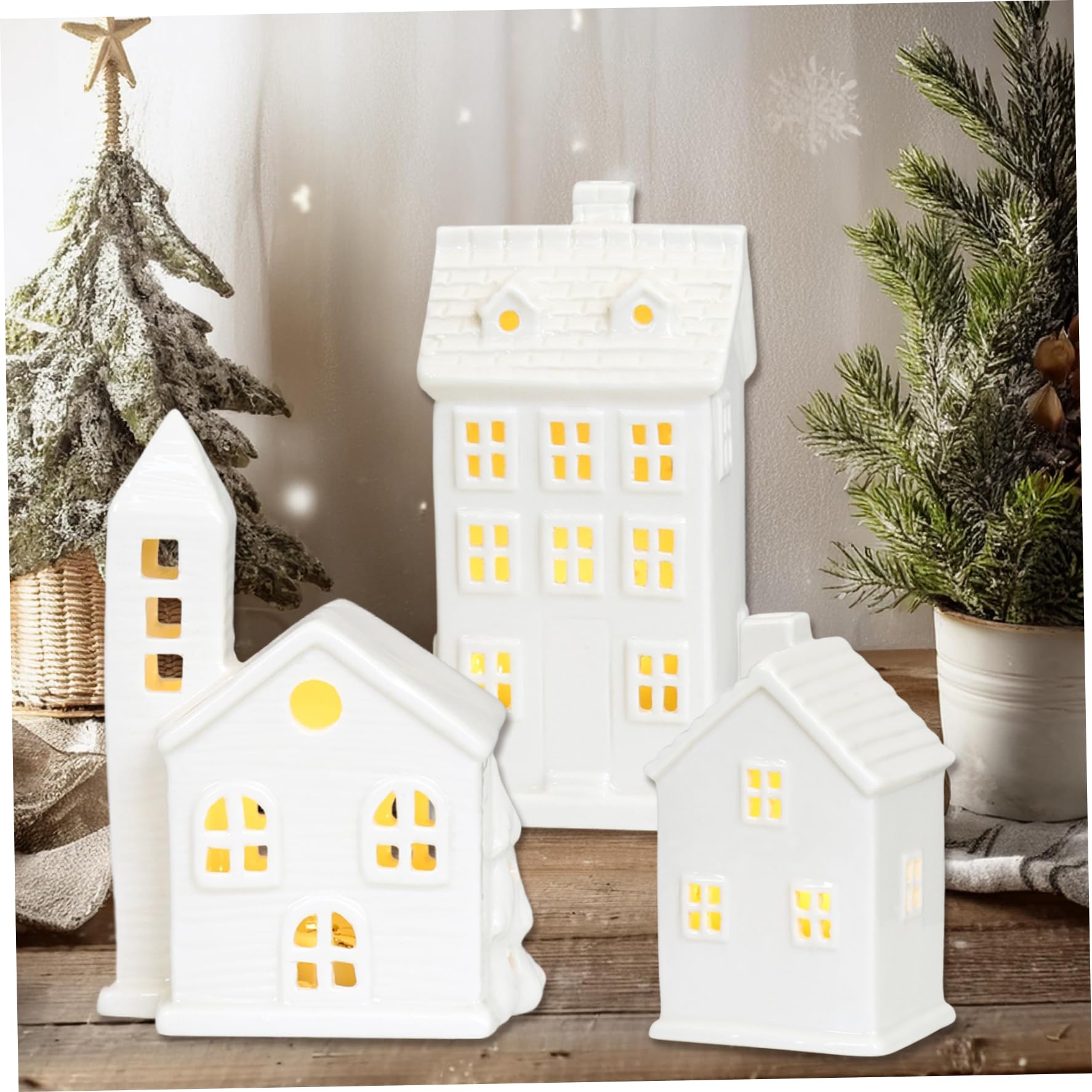 Figuras de Pueblo navideño, 3 Piezas, Conjuntos de Pueblo navideño, casa de cerámica Blanca, casa con luz LED de Porcelana para decoración, exhibición de Mesa para el hogar
