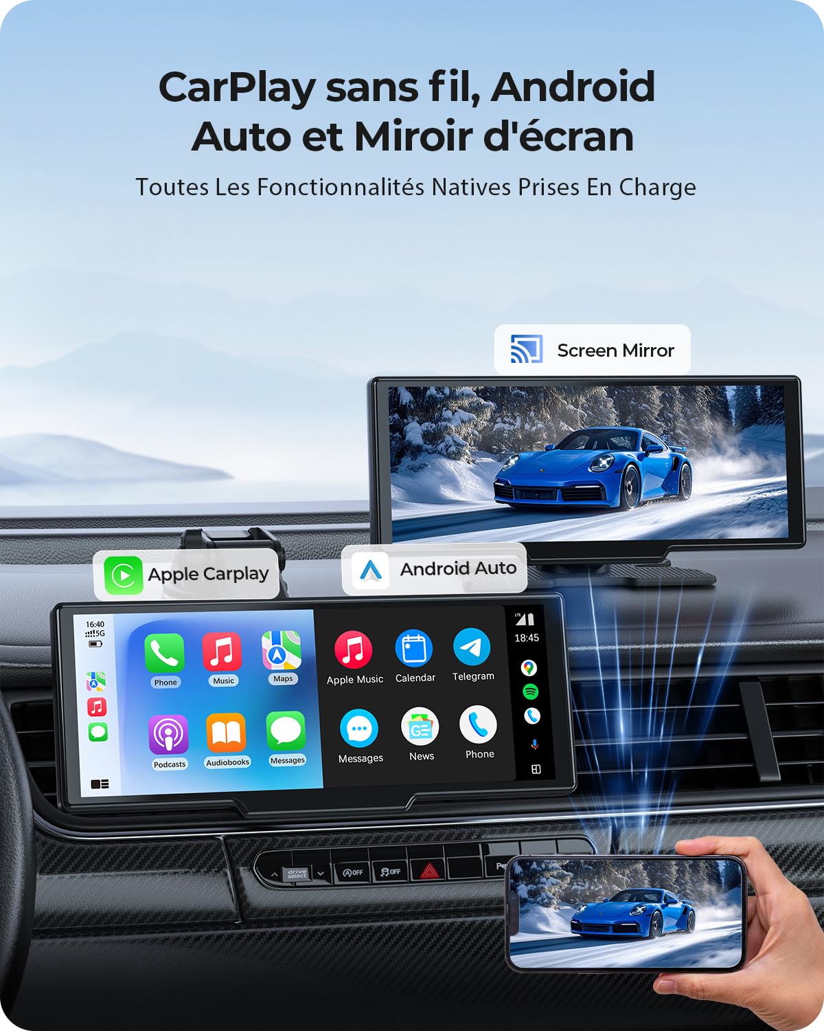 Écran Portable sans Fil 9,26" CarPlay Voiture avec 4K Dashcam & Arrière HD pour Apple Car Play & Android Auto, Mises à Jour OTA, Mirror Link, Bluetooth 5.0, Commande Vocale, GPS, FM