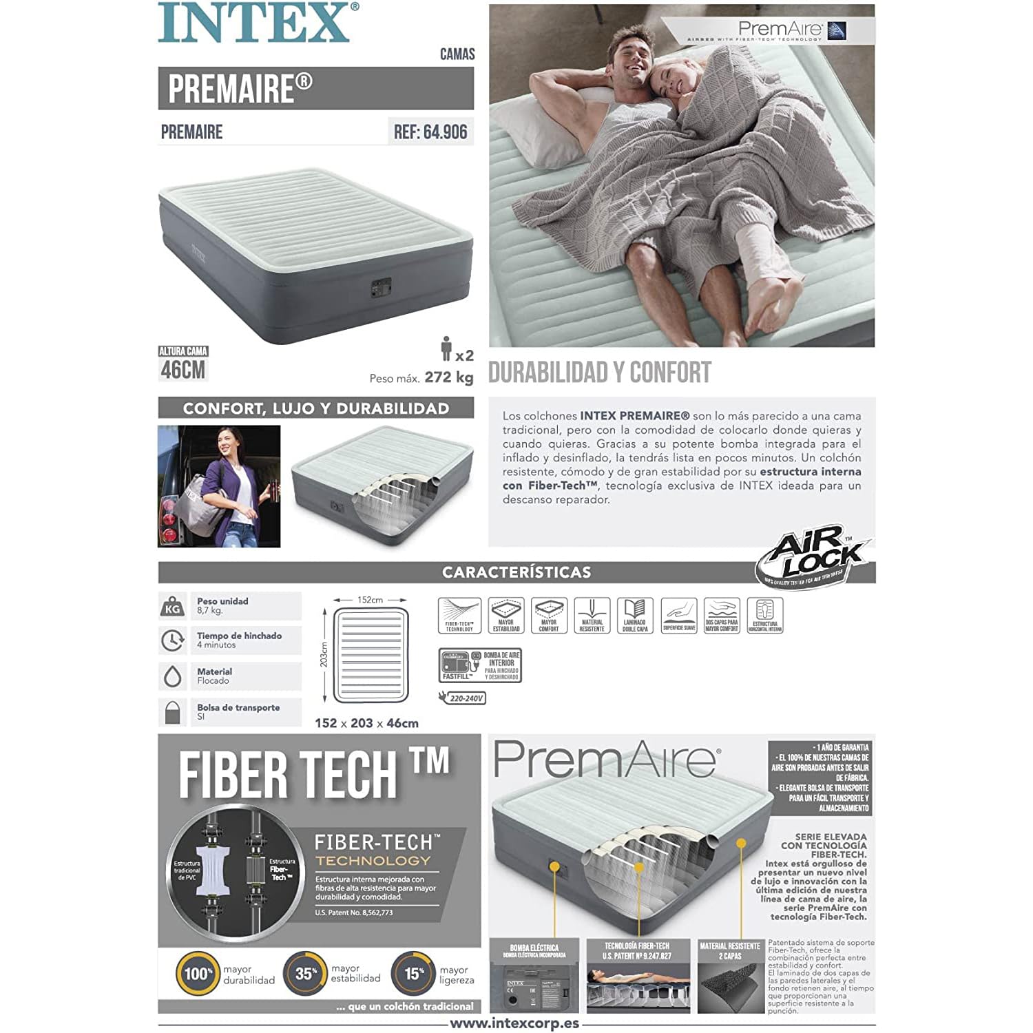 Intex 64902 PremAire Colchón Hinchable, Medias 99x191x46 cm