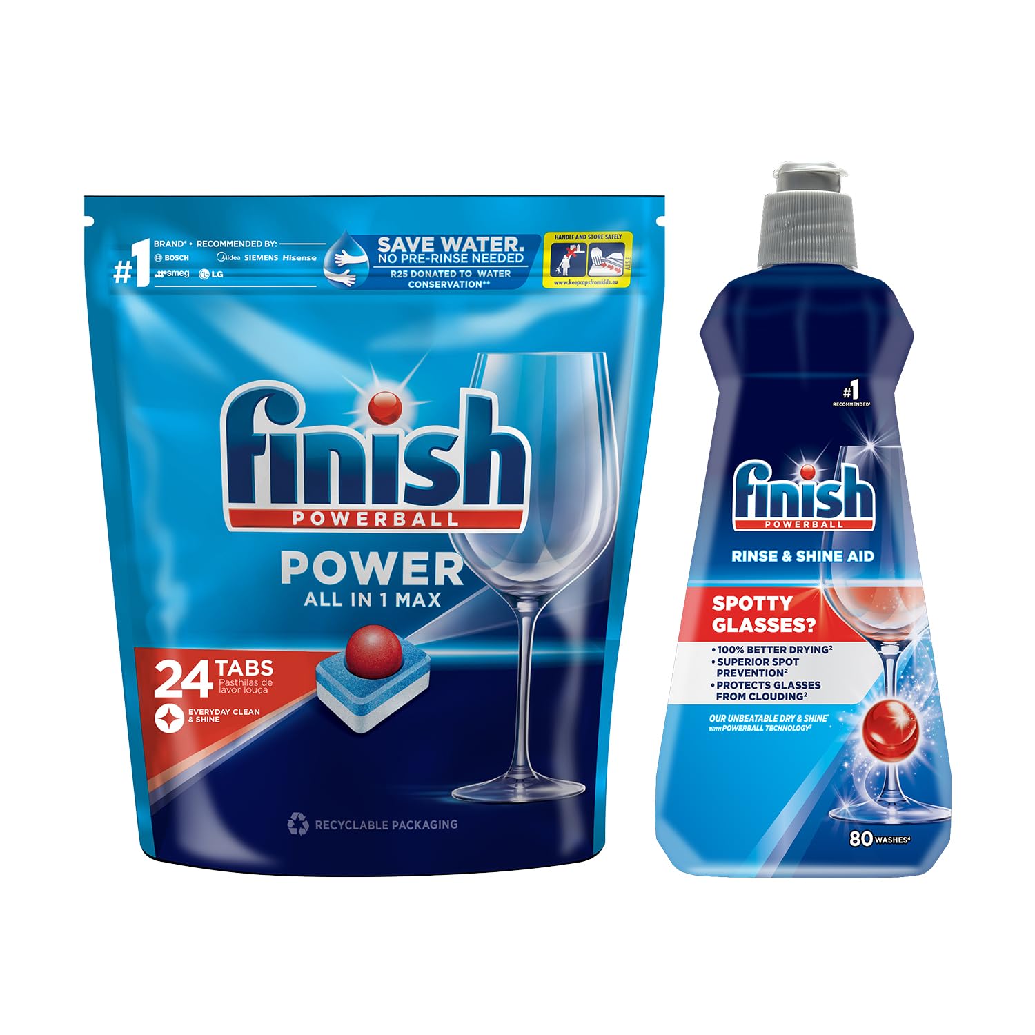 24 Tablets, Powerball All in 1 Max Dishwasher Tablets & Finish 400 ml Rinse Aid Liquid, Shine & Dry | Upto 80 washes | World's #1 Recommended Dishwashing Brand