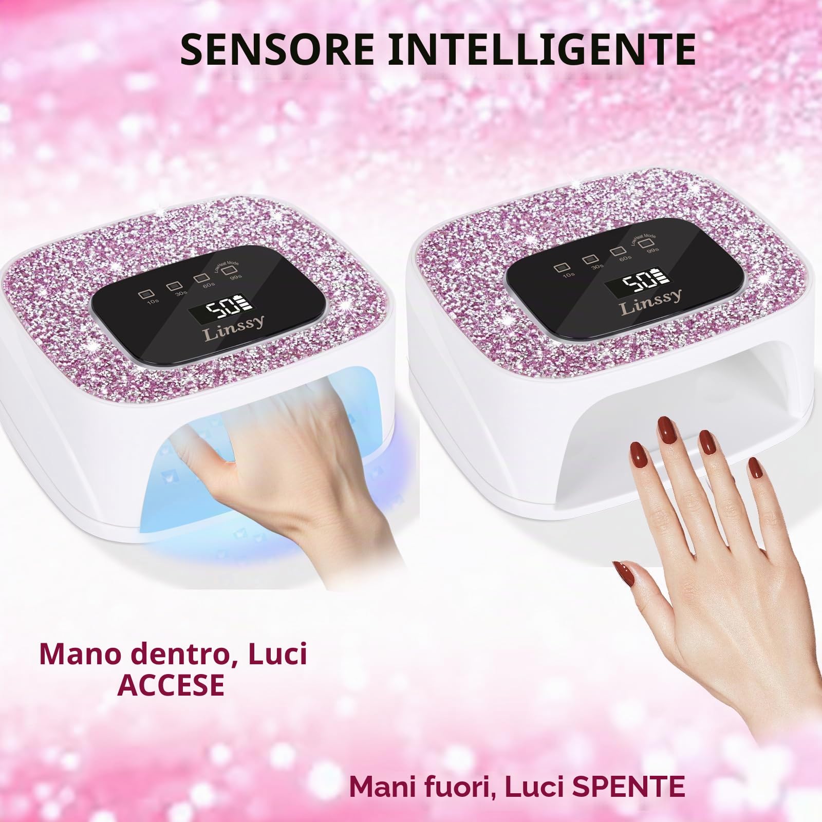 Linssy - Lampada per unghie ricaricabile UV/LED con sensore automatico, asciugatore per unghie in gel portatile senza fili con luce a 4 temporizzazioni e display LCD a diamante, luce UV per unghie in