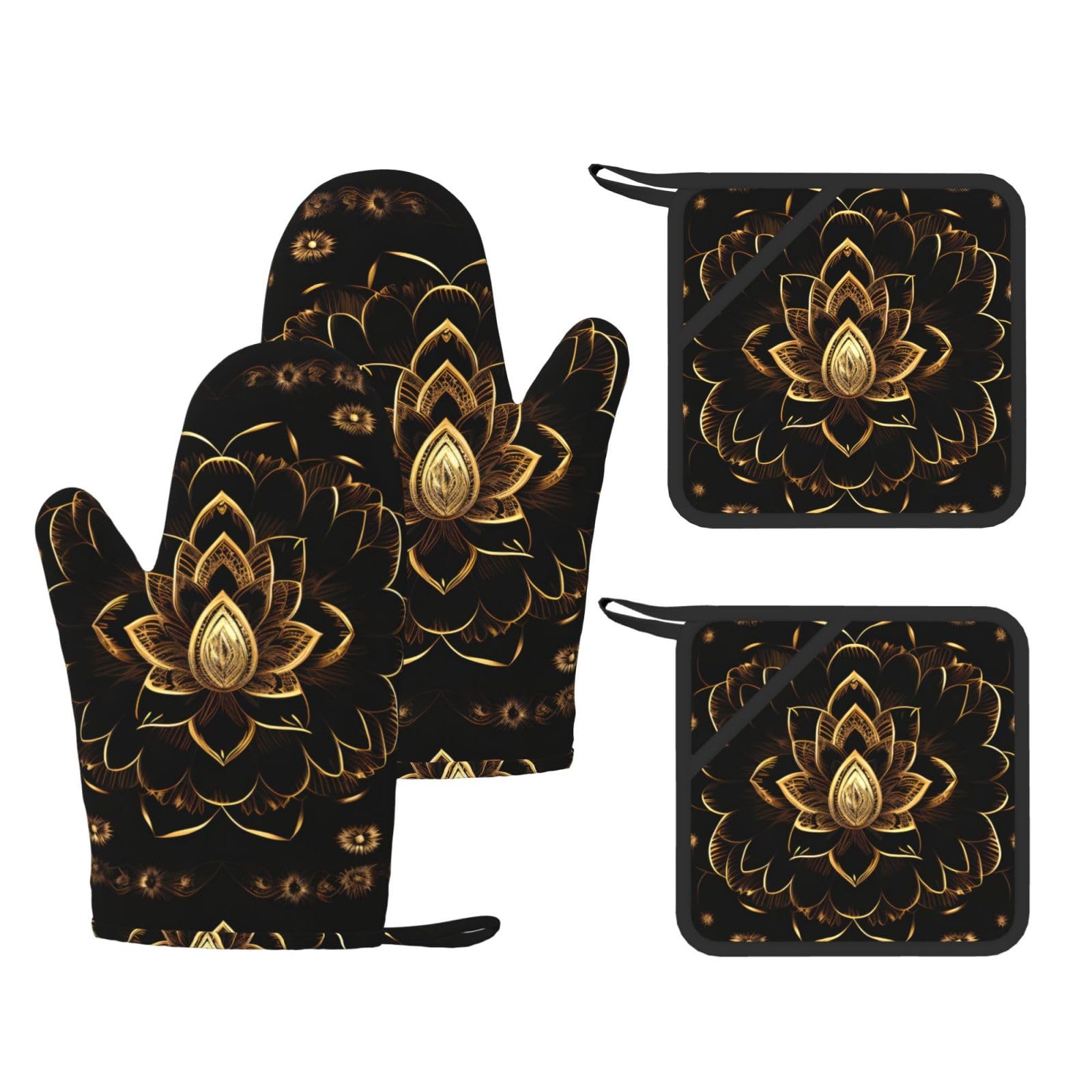 Maniques silicone motif lotus doré de style élégant et haute résistance thermique pour four