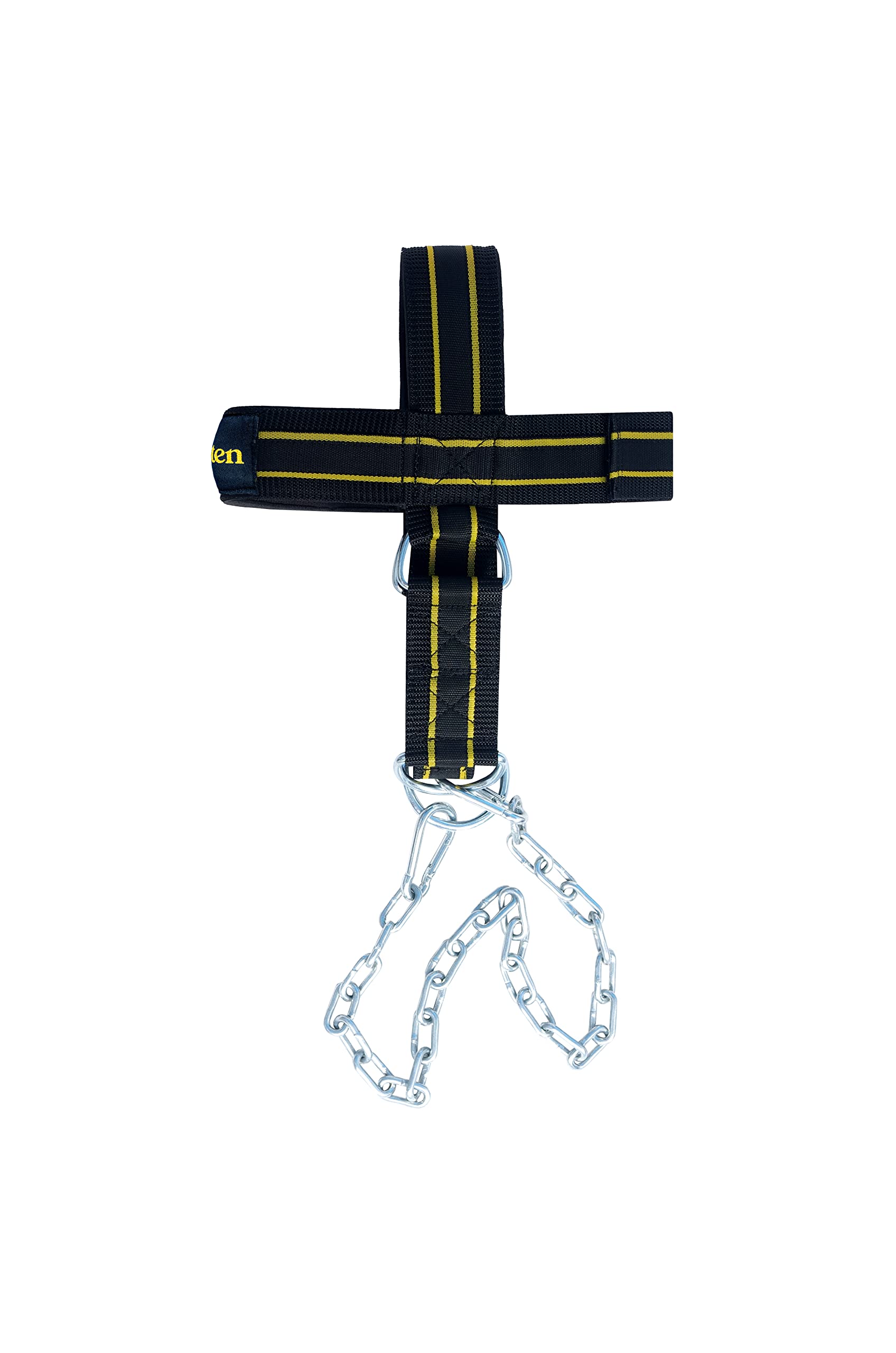 19.ten Neck And Head Strengthening Weight Harness Thick Padded Adjustable Strap With 30 Heavy Duty Steel Chain & Rings For Gym Crossfit Fitness Training Injury Rehab (Harness Yellow Line) 4